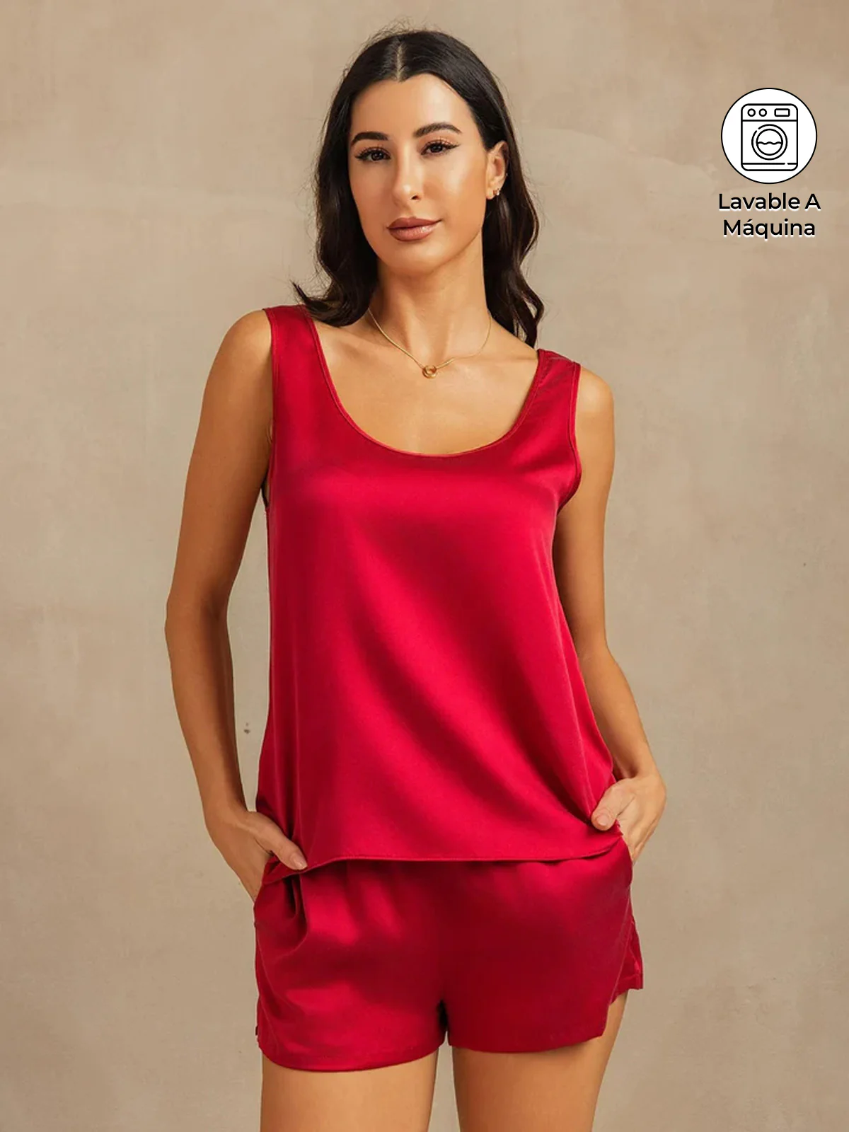 19 Momme Seda Lavable Conjunto de Top sin Mangas y Shorts con Diseño de Bolsillos Laterales - Image 29