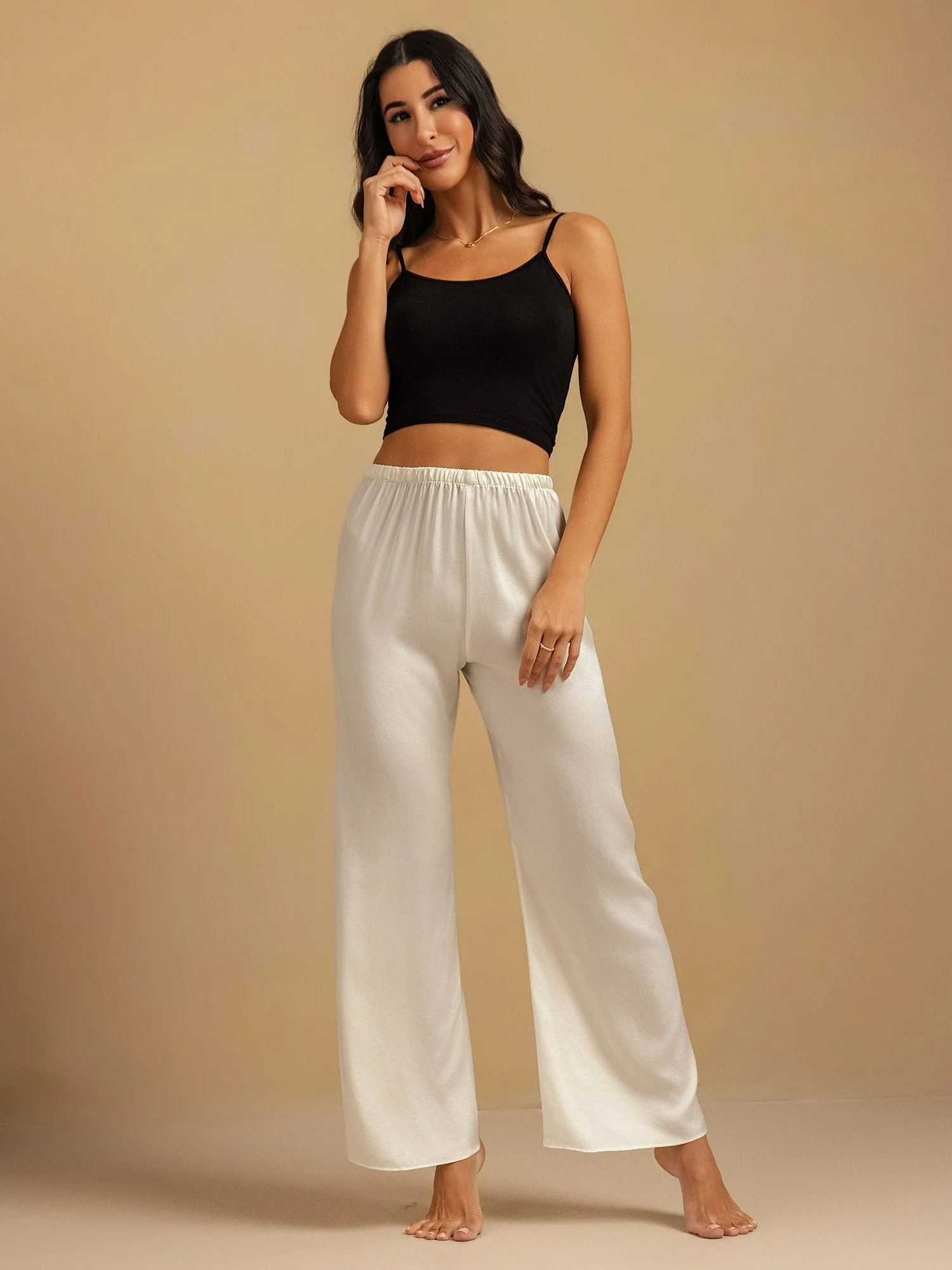 Pantalones de Dormir para Mujer de Pierna Ancha de Seda Lavable 19Momme con Cintura Elástica - Image 36