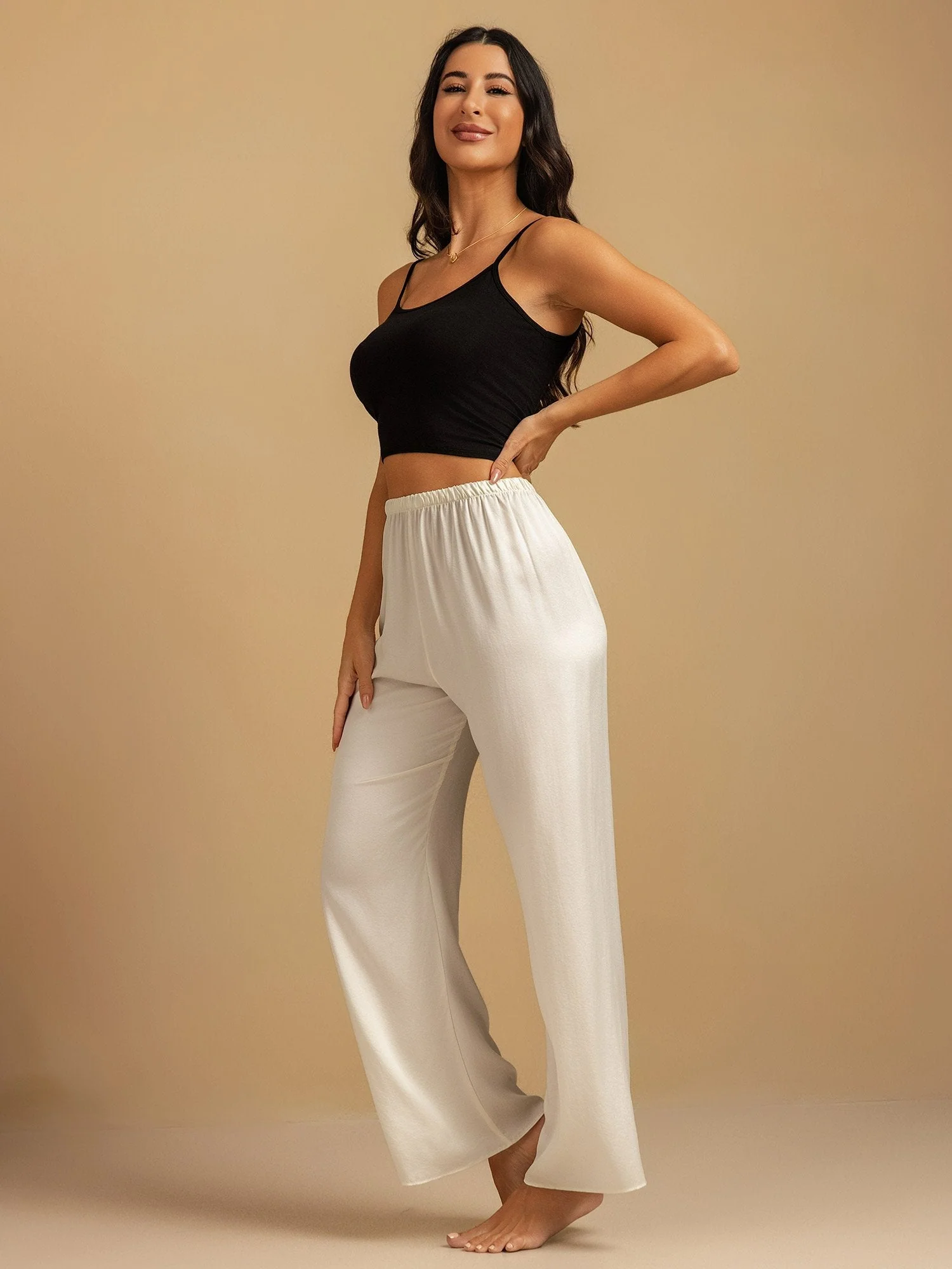 Pantalones de Dormir para Mujer de Pierna Ancha de Seda Lavable 19Momme con Cintura Elástica - Image 38