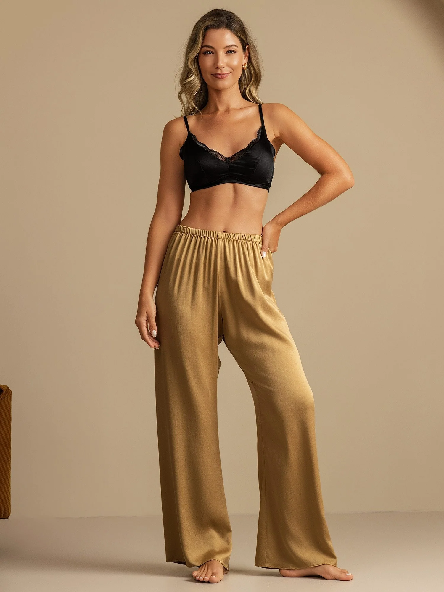 Pantalones de Dormir para Mujer de Pierna Ancha de Seda Lavable 19Momme con Cintura Elástica - Image 5