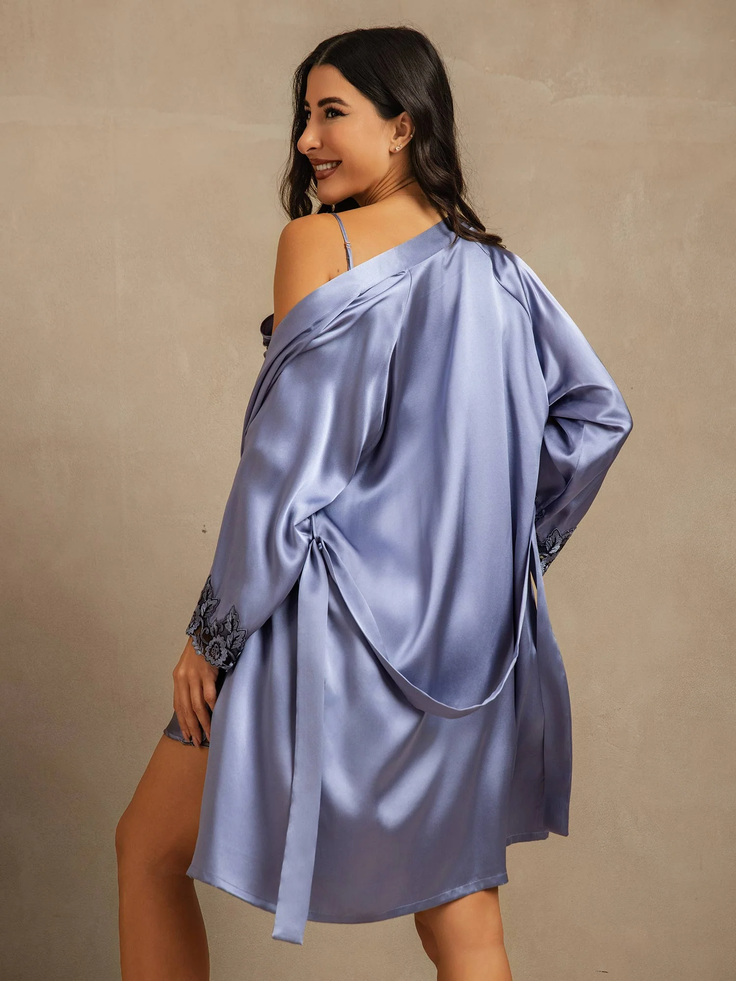 Camisón De Pura Seda Con Tirantes Finos Y Encaje Y Bata Set - Image 12