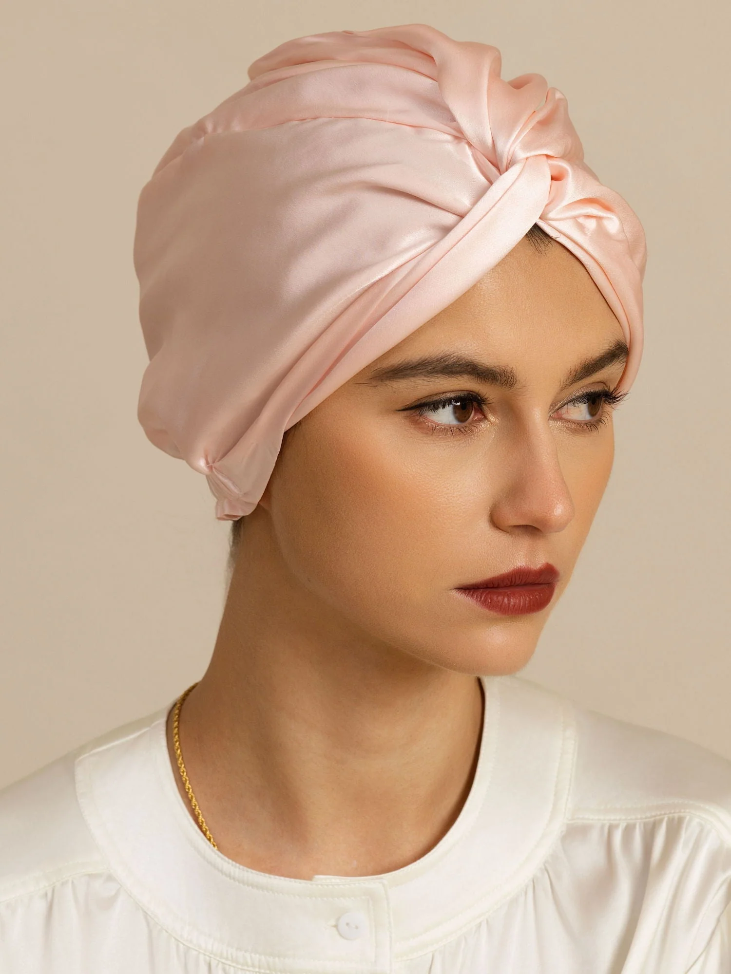 Gorro para el cabello de seda pura de 22Momme con nudo frontal y botón ajustable - Image 23