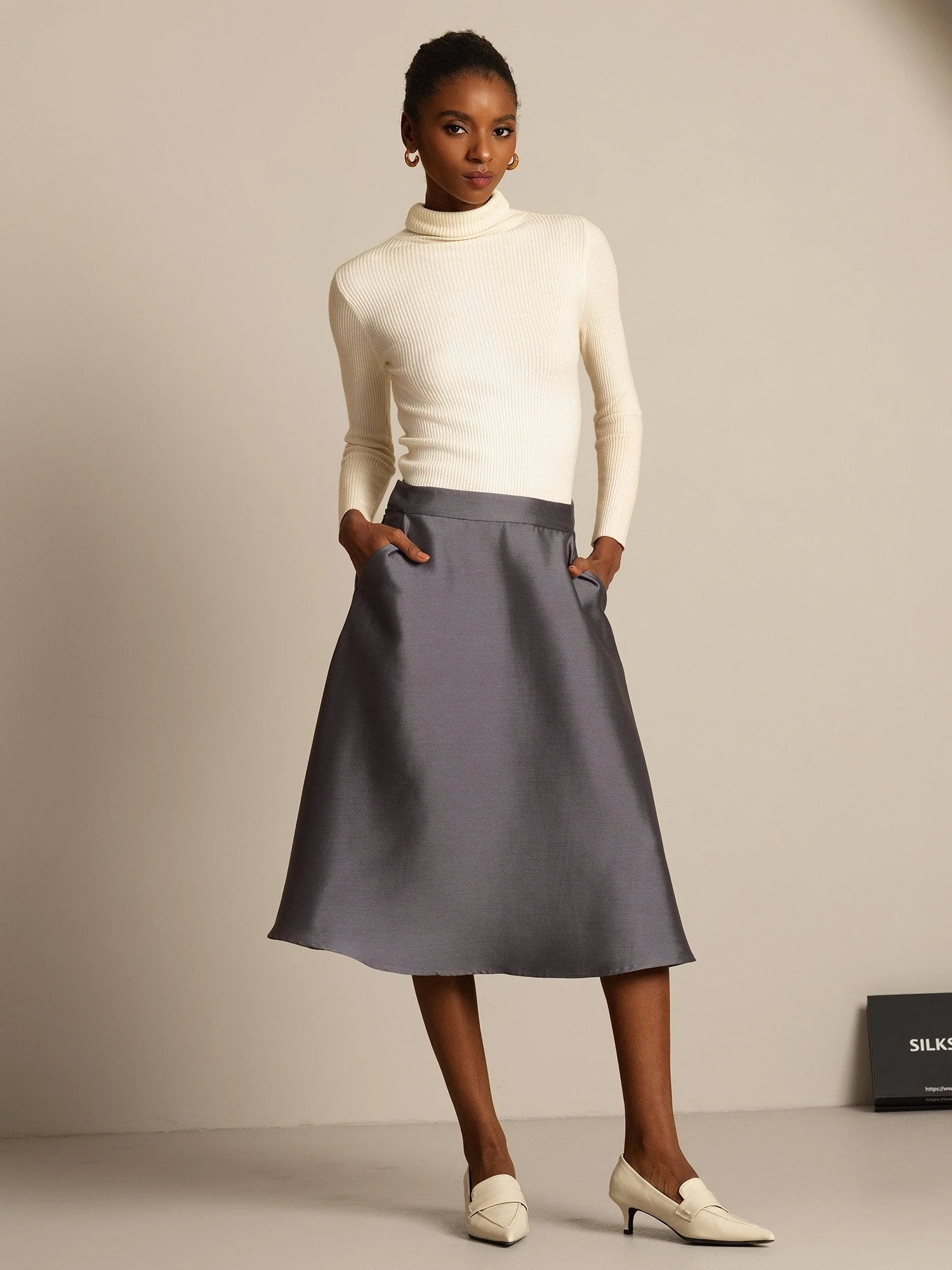 32Momme Mezcla de Seda-Lana Falda Midi A-Line con Diseño de Cremallera - Image 13