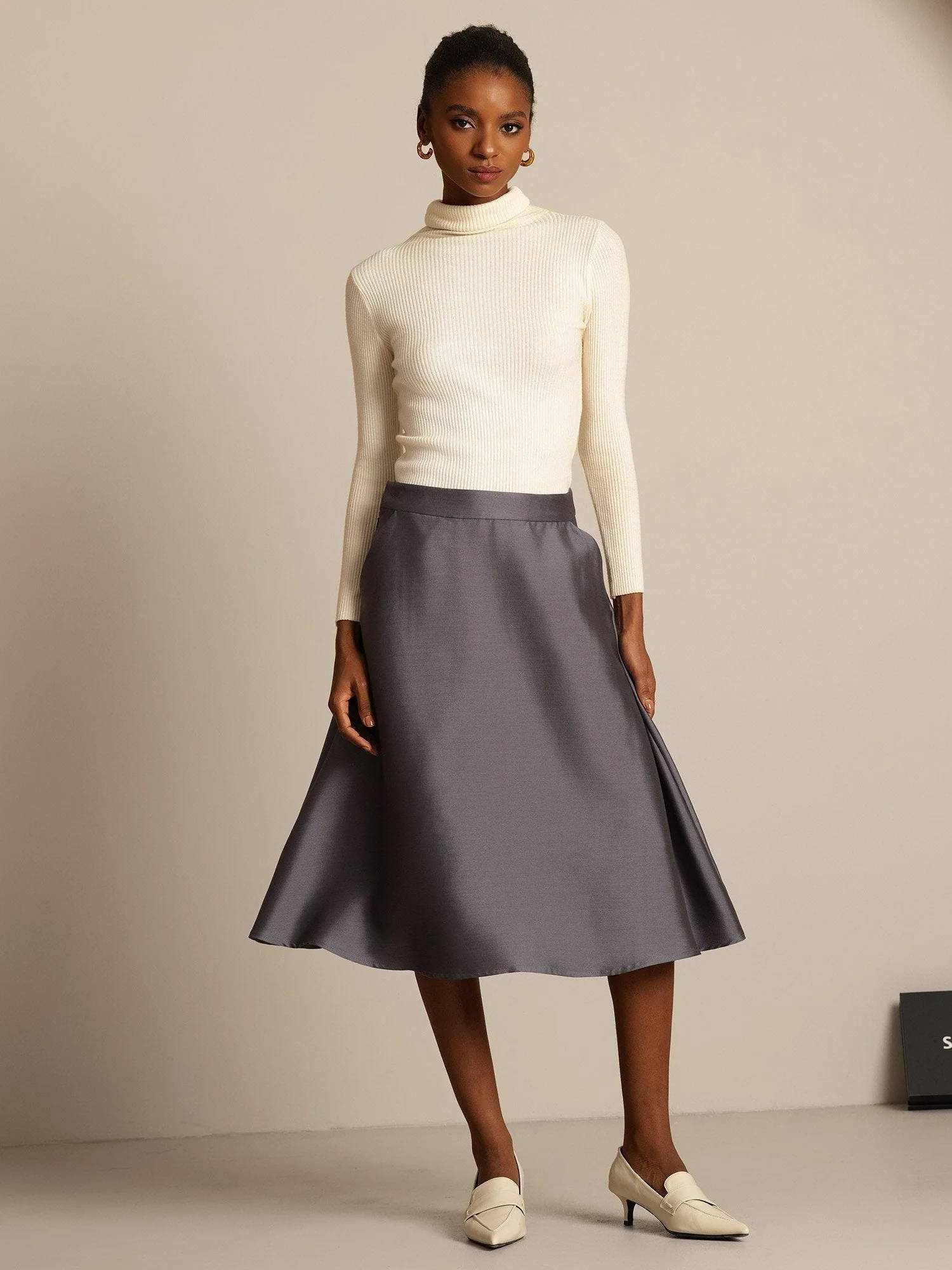 32Momme Mezcla de Seda-Lana Falda Midi A-Line con Diseño de Cremallera - Image 15