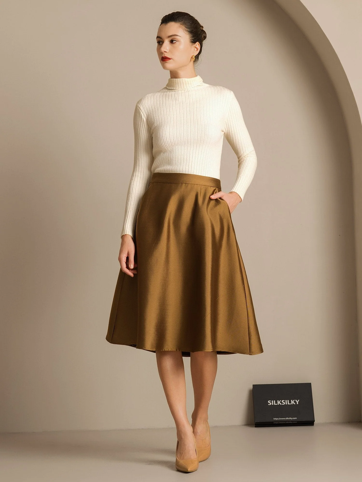 32Momme Mezcla de Seda-Lana Falda Midi A-Line con Diseño de Cremallera - Image 21