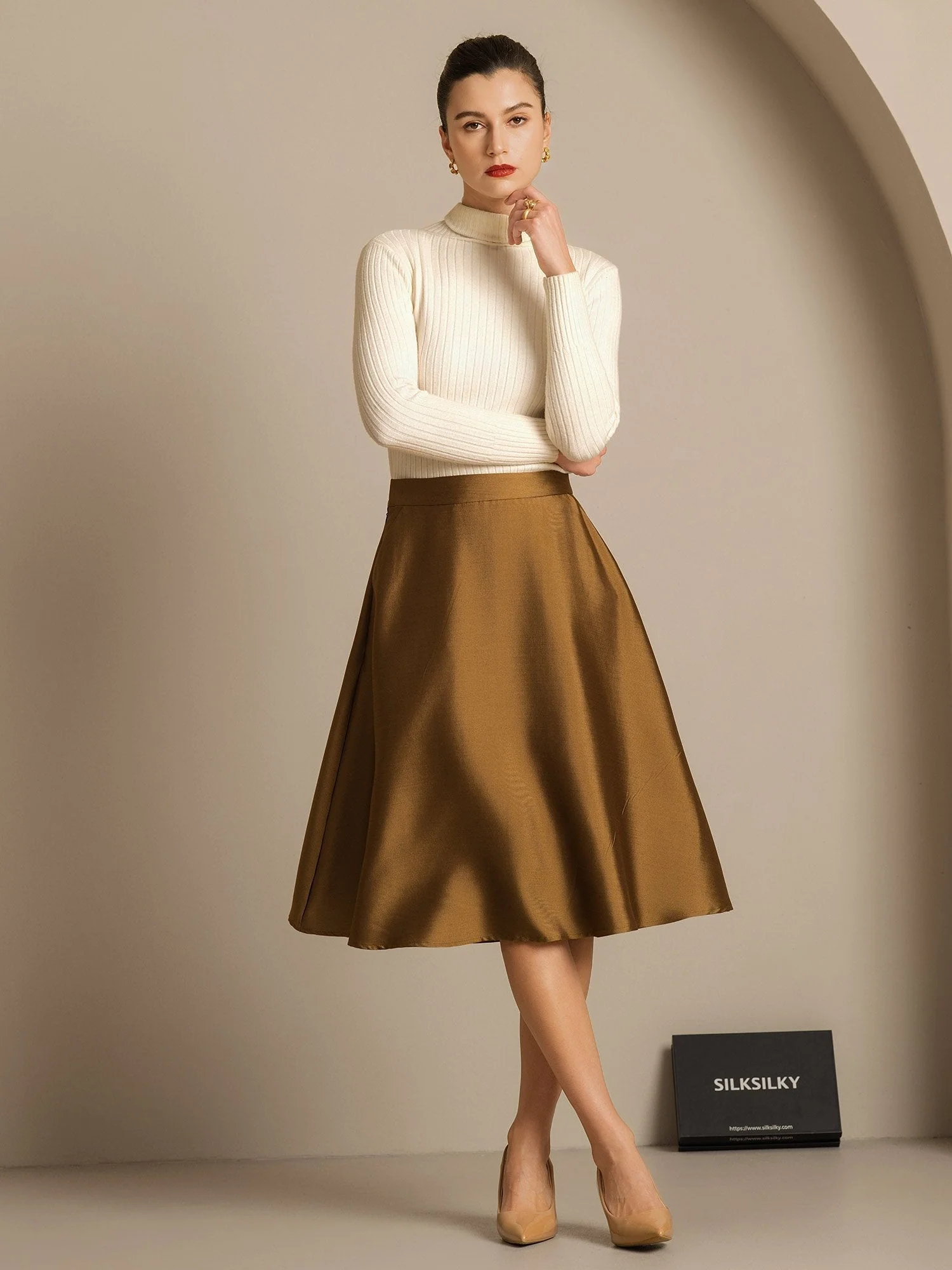 32Momme Mezcla de Seda-Lana Falda Midi A-Line con Diseño de Cremallera - Image 22