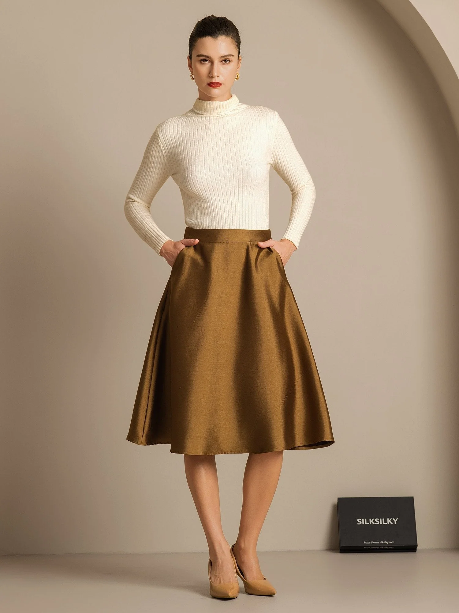 32Momme Mezcla de Seda-Lana Falda Midi A-Line con Diseño de Cremallera - Image 24