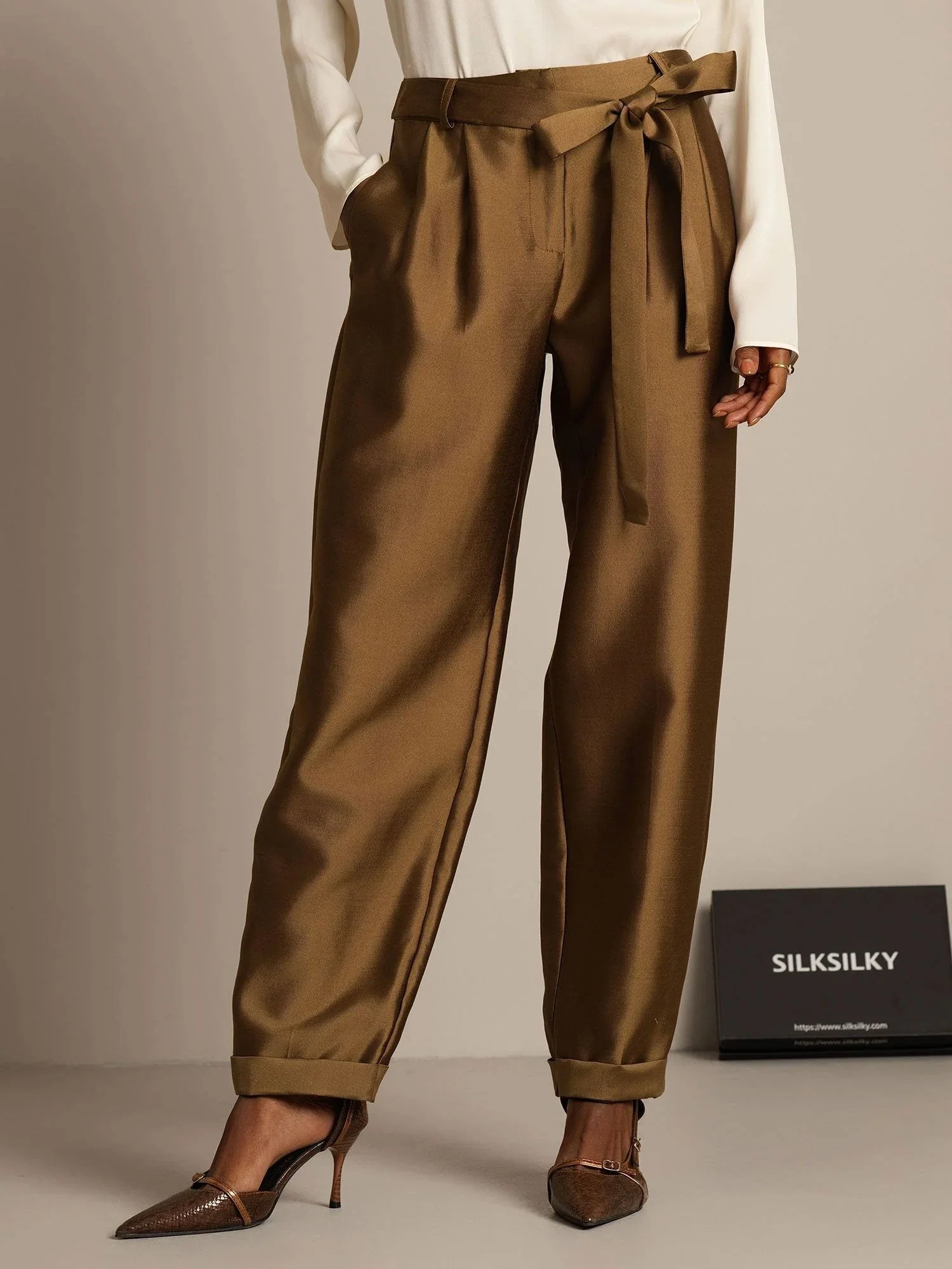Pantalones de Mujer Cropped Tapered de Cintura Alta en Mezcla de Seda-Lana 32Momme con Diseño de Cintura Atada - Image 16