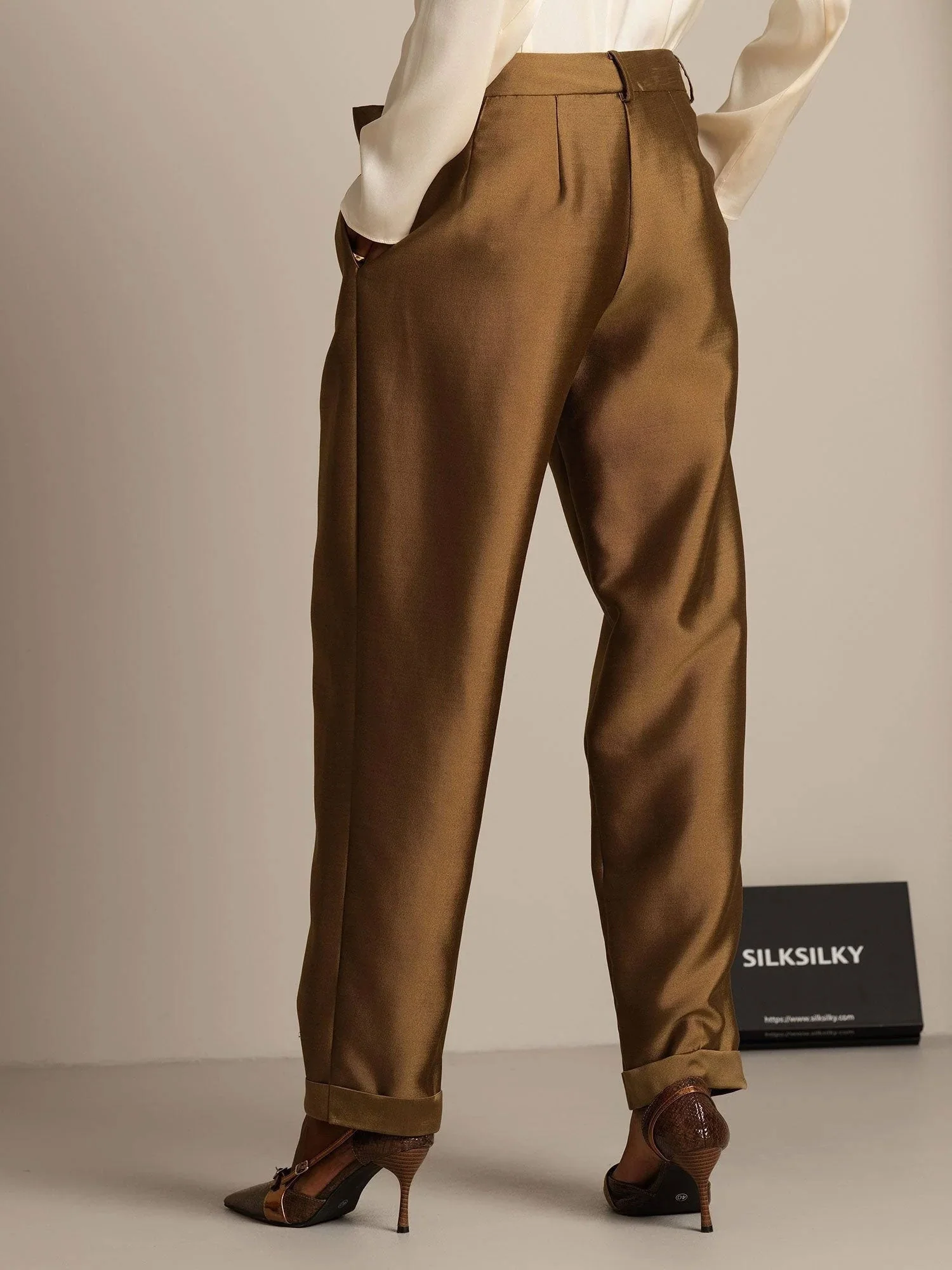 Pantalones de Mujer Cropped Tapered de Cintura Alta en Mezcla de Seda-Lana 32Momme con Diseño de Cintura Atada - Image 17