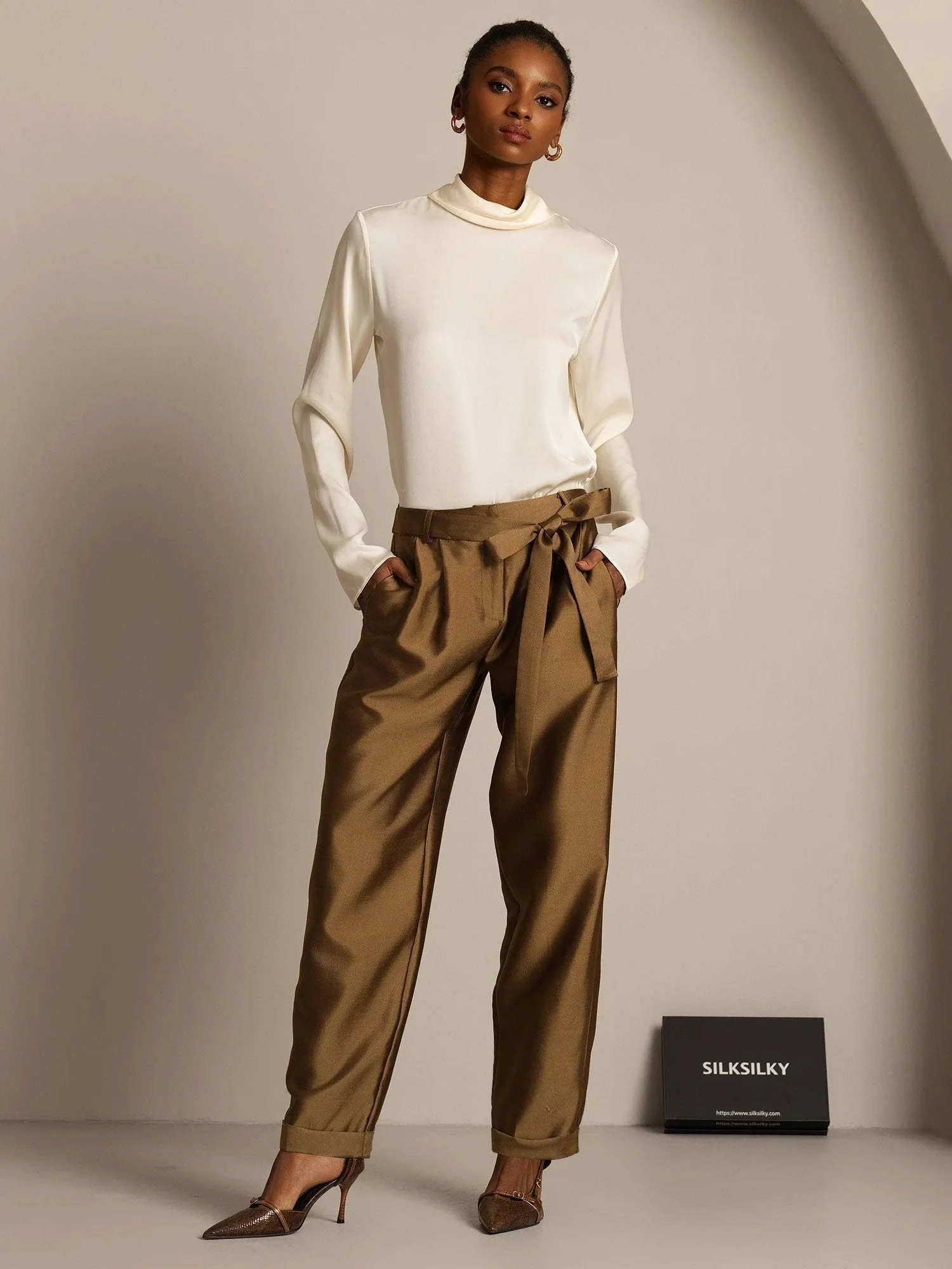 Pantalones de Mujer Cropped Tapered de Cintura Alta en Mezcla de Seda-Lana 32Momme con Diseño de Cintura Atada - Image 18