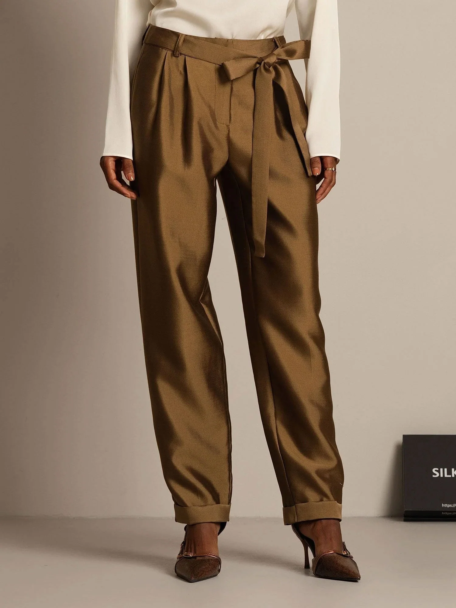 Pantalones de Mujer Cropped Tapered de Cintura Alta en Mezcla de Seda-Lana 32Momme con Diseño de Cintura Atada - Image 22