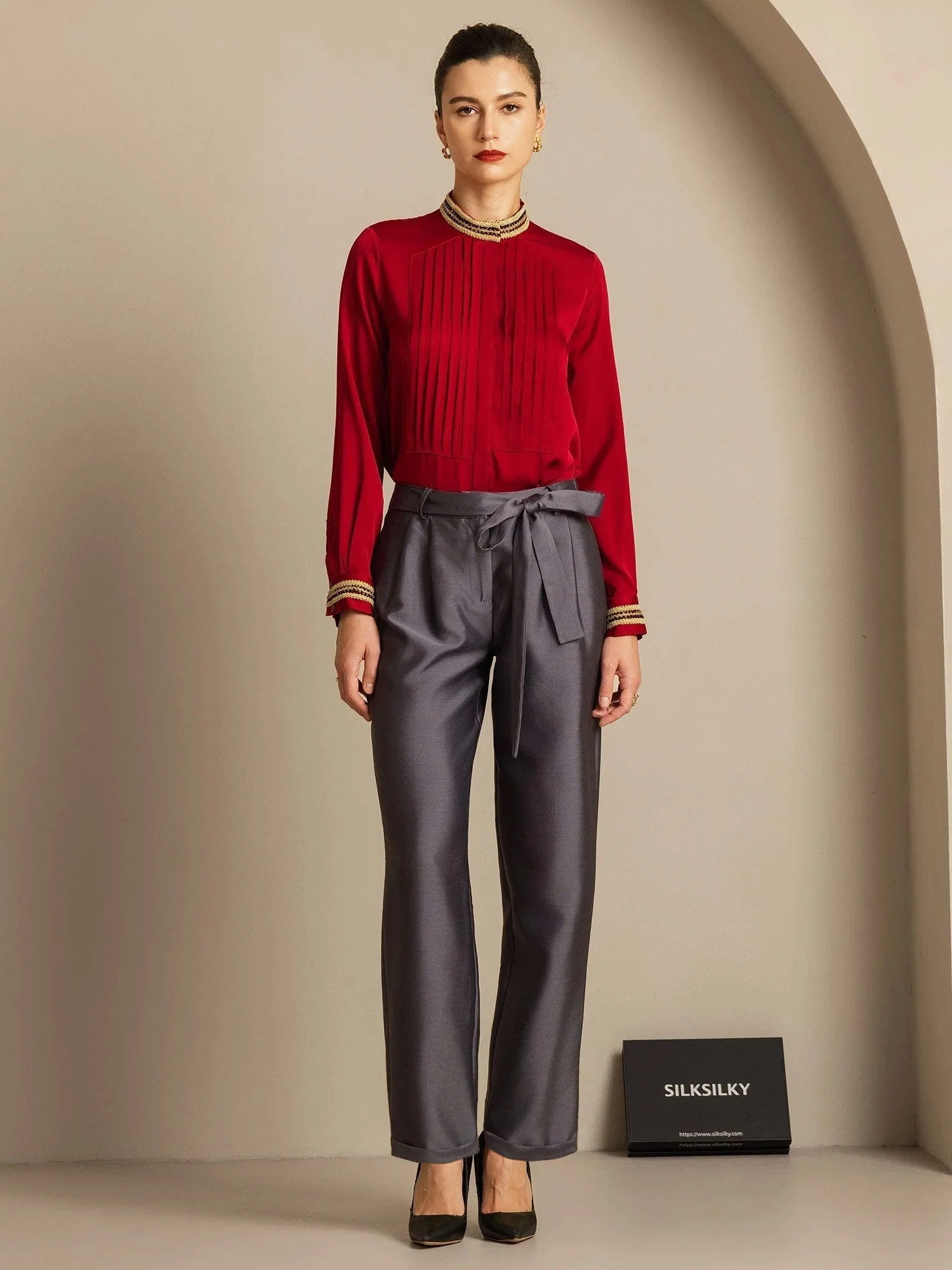 Pantalones de Mujer Cropped Tapered de Cintura Alta en Mezcla de Seda-Lana 32Momme con Diseño de Cintura Atada - Image 6