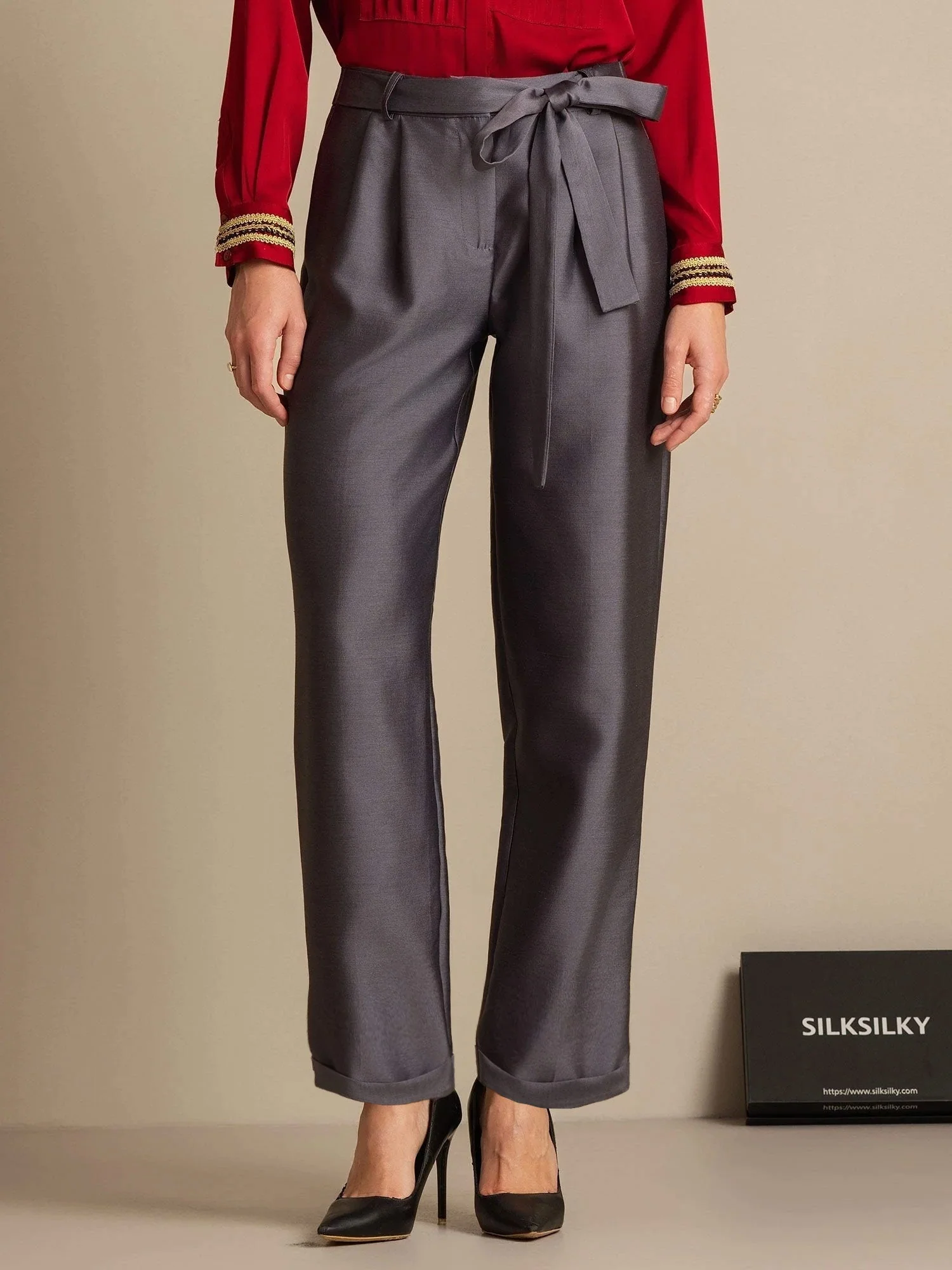Pantalones de Mujer Cropped Tapered de Cintura Alta en Mezcla de Seda-Lana 32Momme con Diseño de Cintura Atada - Image 7