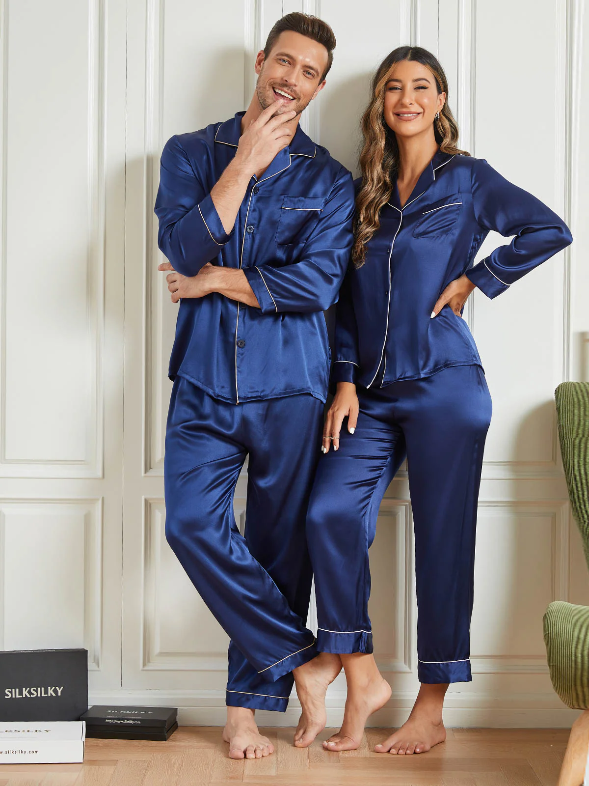Conjuntos de pijamas largos de seda pura para parejas Total 4 piezas - Image 10