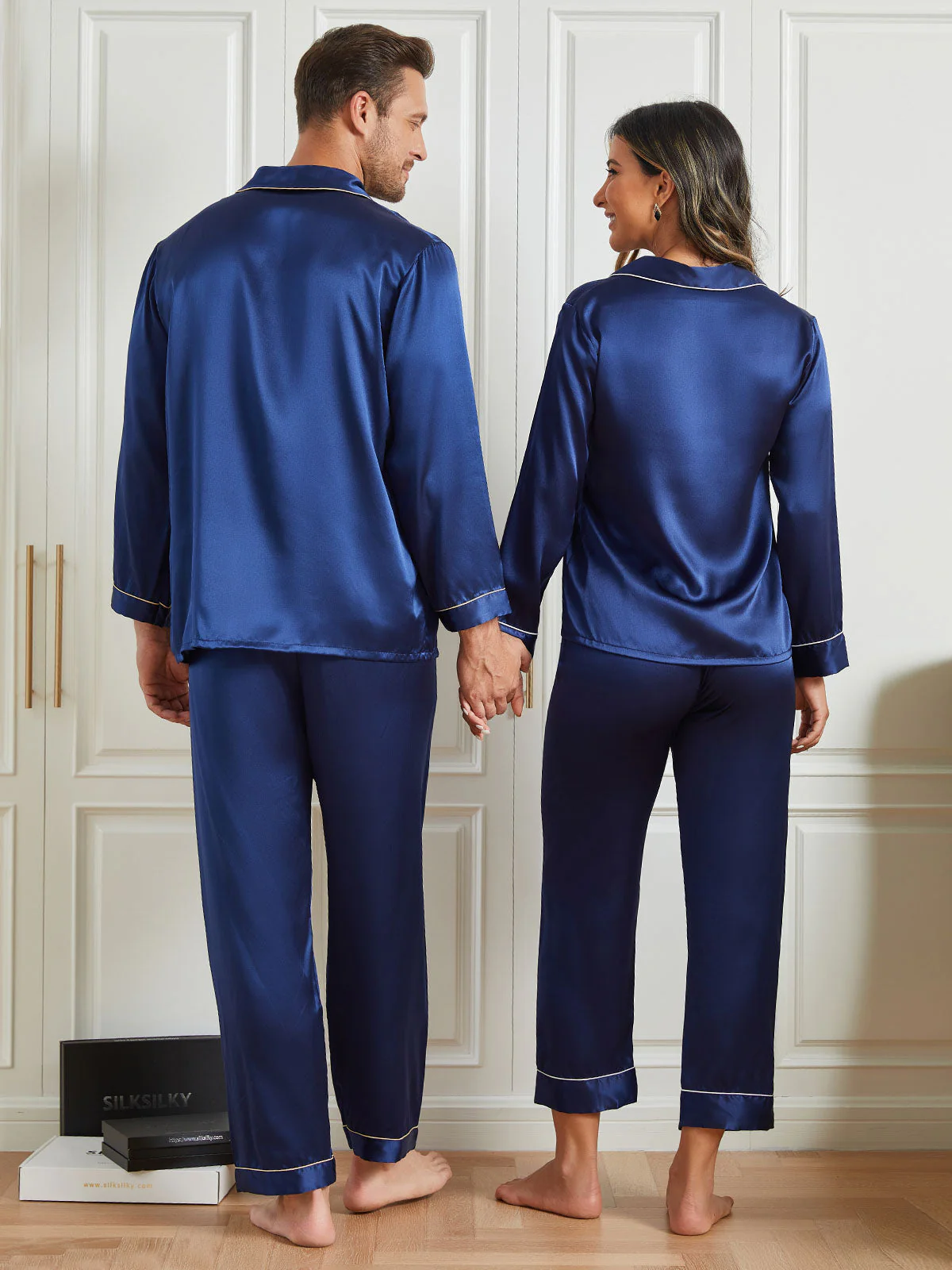 Conjuntos de pijamas largos de seda pura para parejas Total 4 piezas - Image 11