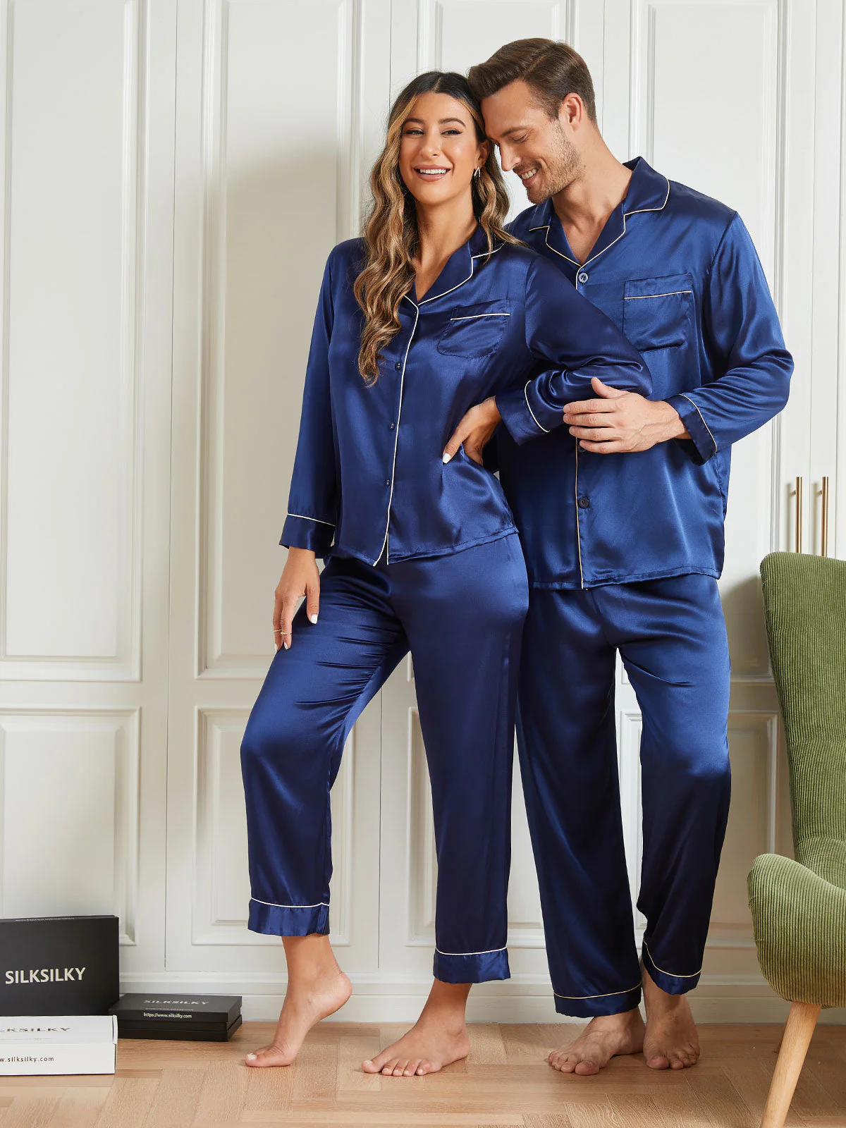 Conjuntos de pijamas largos de seda pura para parejas Total 4 piezas - Image 13