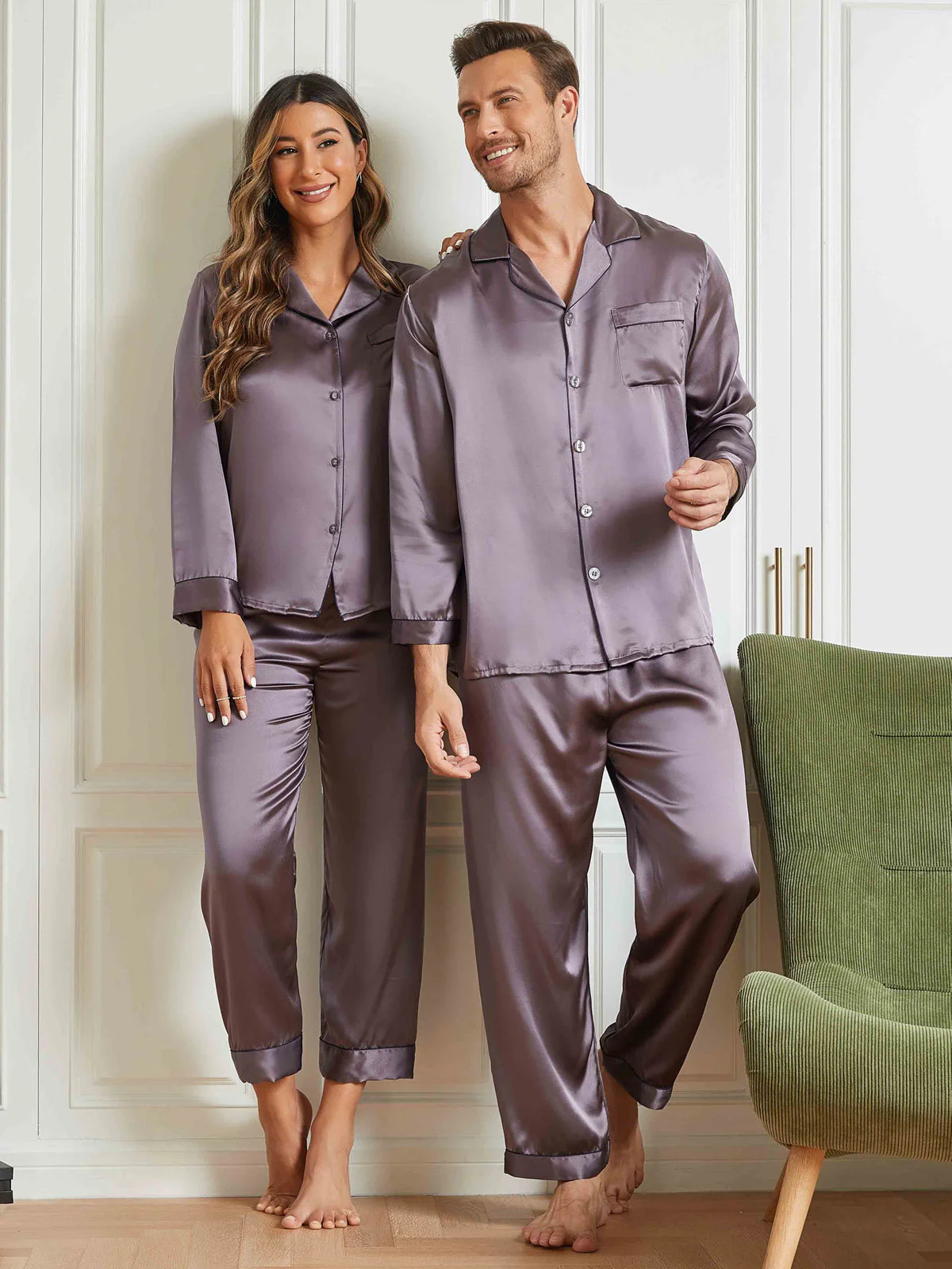 Conjuntos de pijamas largos de seda pura para parejas Total 4 piezas - Image 15
