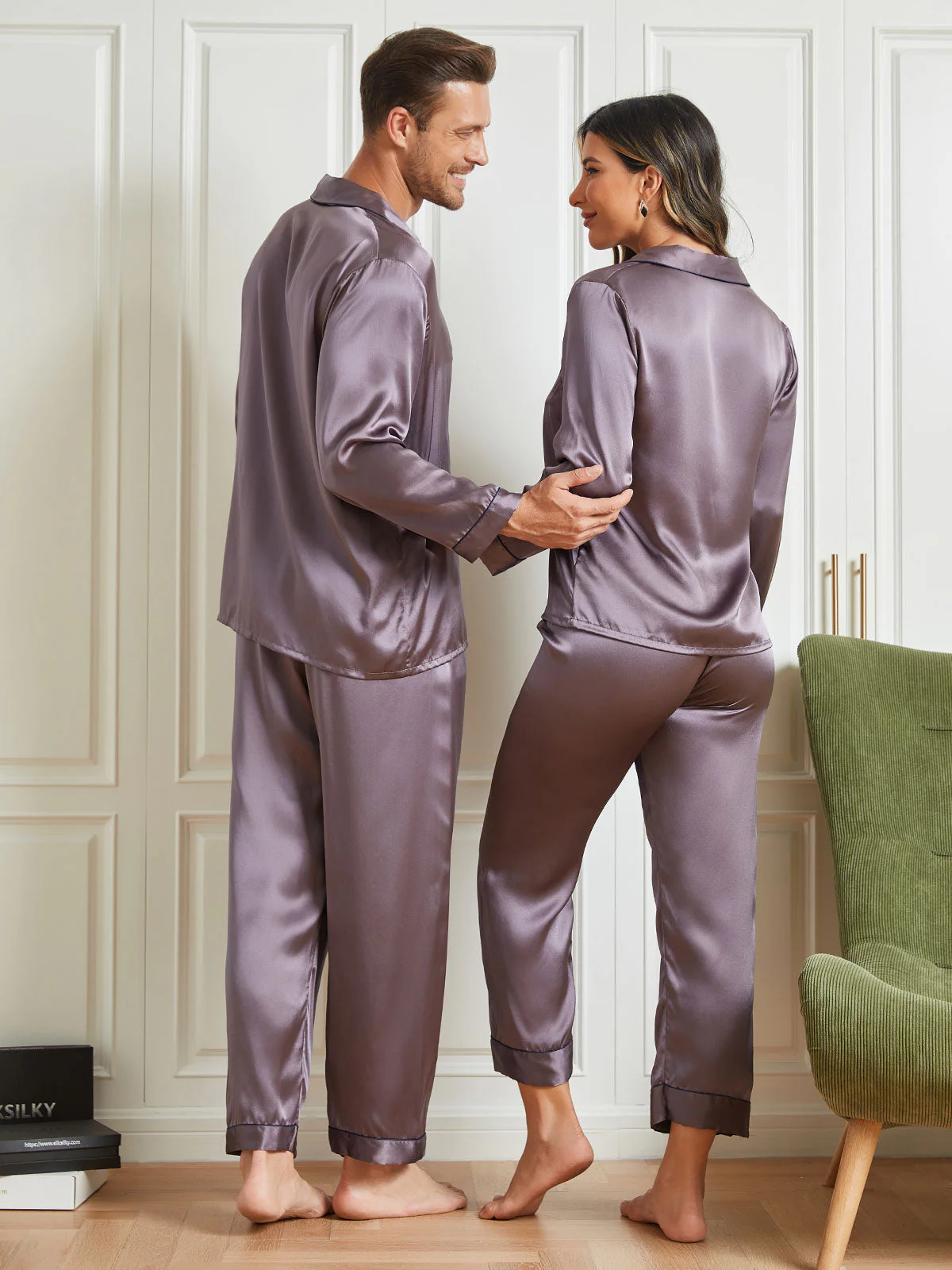 Conjuntos de pijamas largos de seda pura para parejas Total 4 piezas - Image 16