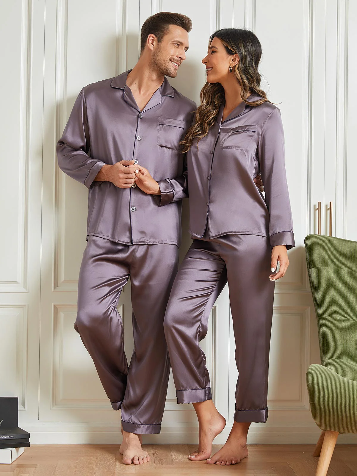 Conjuntos de pijamas largos de seda pura para parejas Total 4 piezas - Image 17