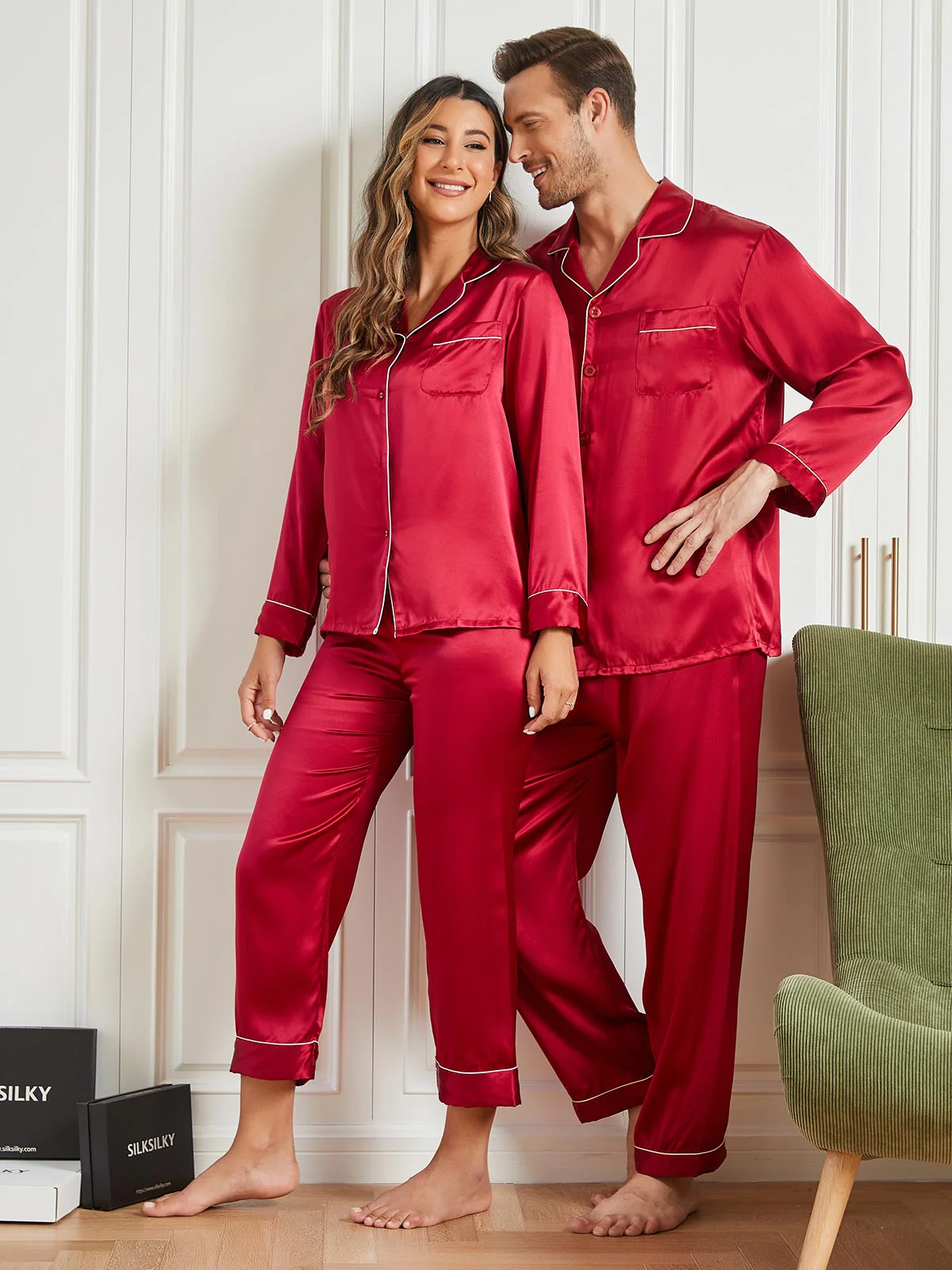 Conjuntos de pijamas largos de seda pura para parejas Total 4 piezas - Image 3