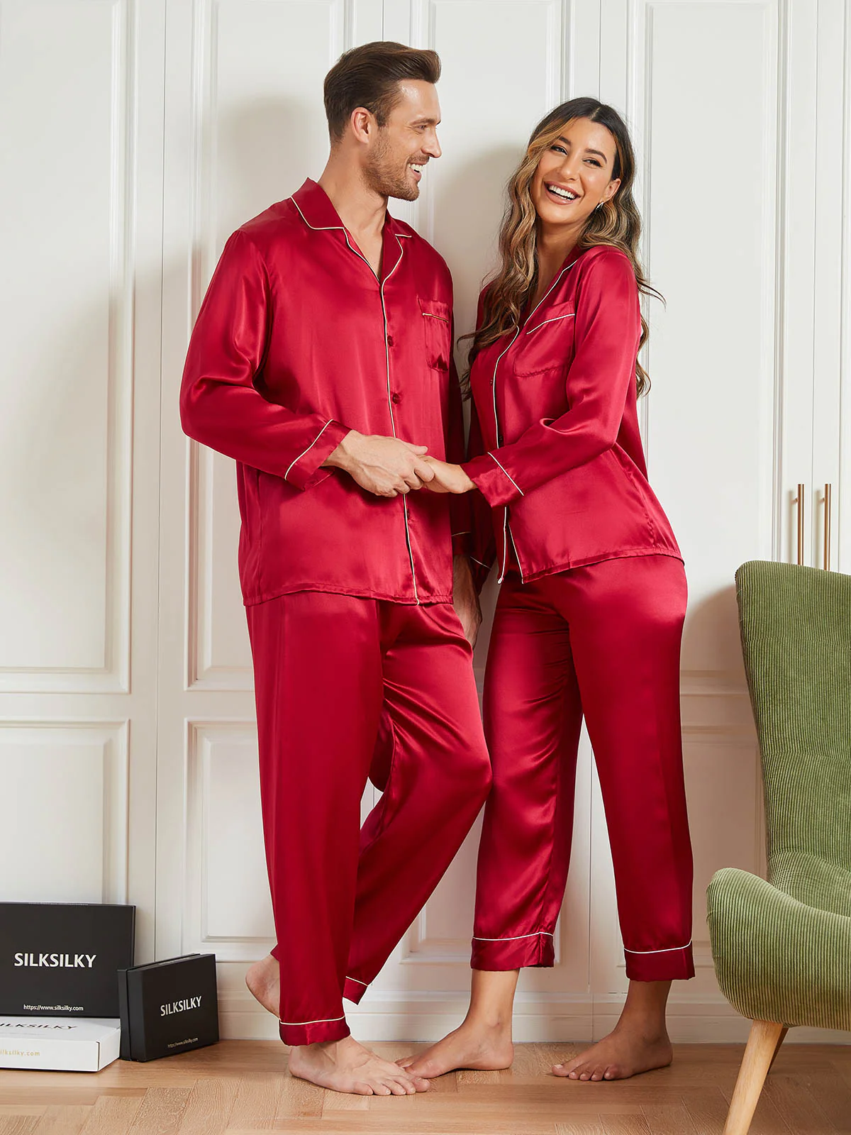 Conjuntos de pijamas largos de seda pura para parejas Total 4 piezas - Image 4
