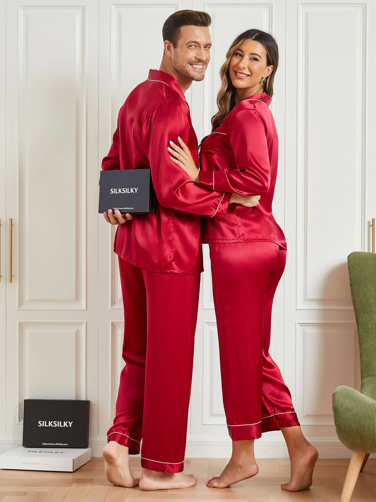 Conjuntos de pijamas largos de seda pura para parejas Total 4 piezas - Image 5
