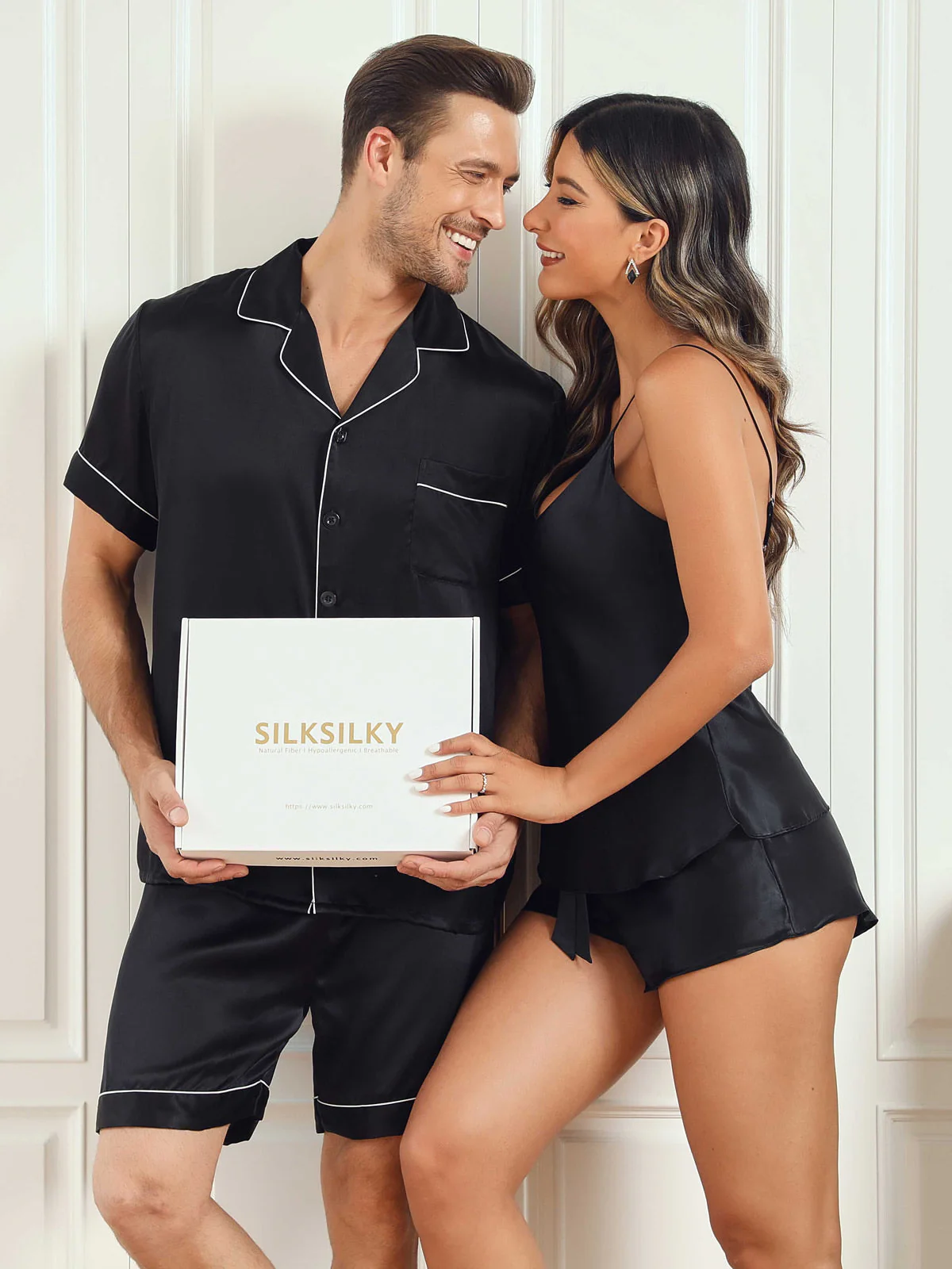 Conjuntos de pijamas cortos de seda pura para parejas Total 4 piezas - Image 10