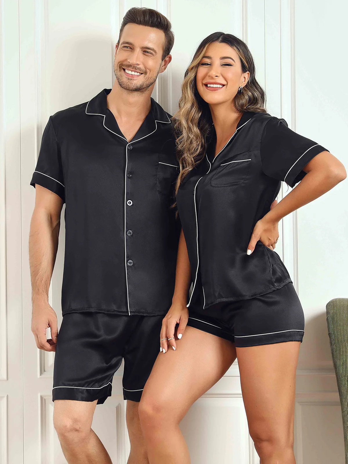 Conjuntos de pijamas cortos de seda pura para parejas Total 4 piezas - Image 21