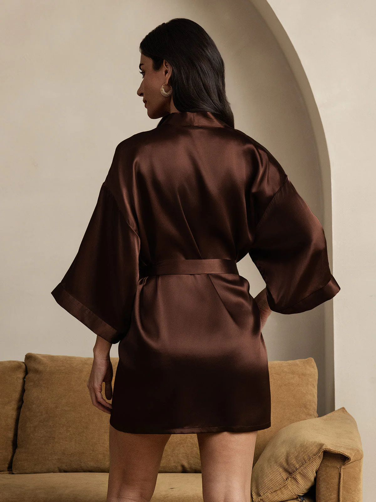 Bata Kimono Corta De Seda Pura Para Mujer Con Diseño Cruzado - Image 24