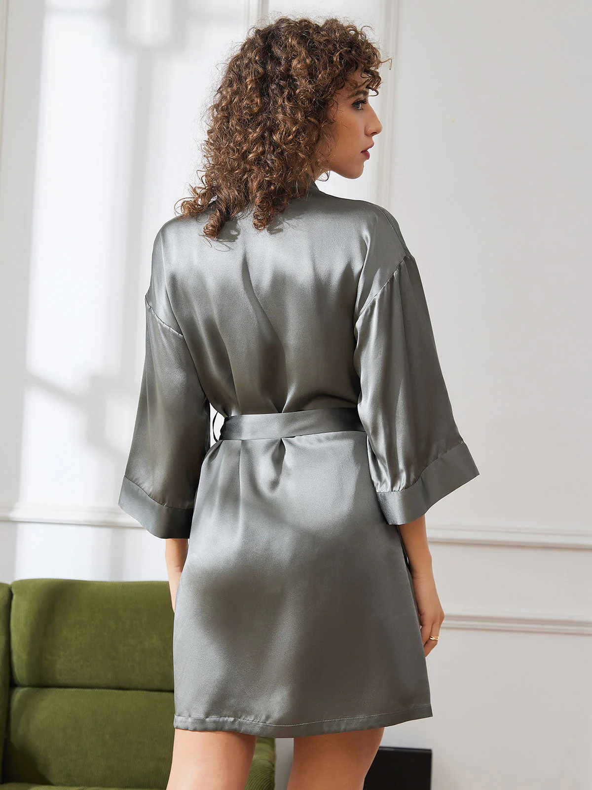 Bata Kimono Corta De Seda Pura Para Mujer Con Diseño Cruzado - Image 43
