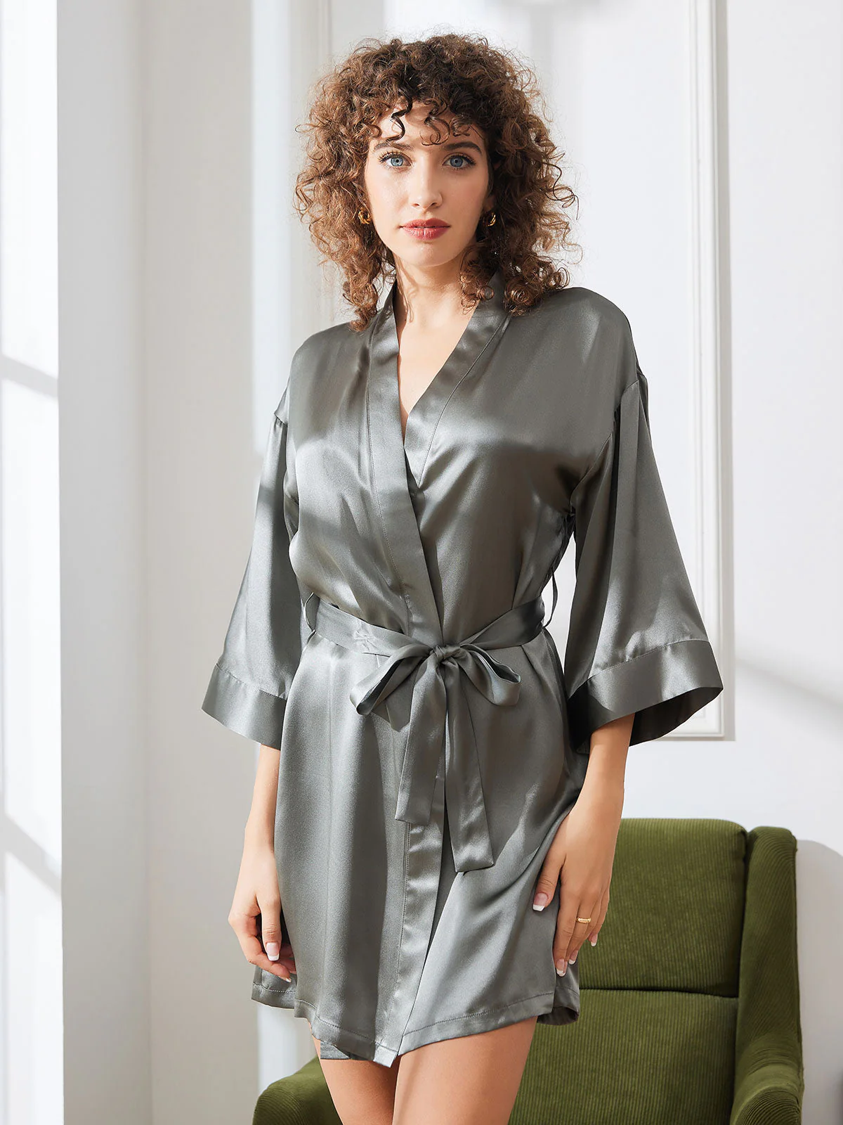 Bata Kimono Corta De Seda Pura Para Mujer Con Diseño Cruzado - Image 45