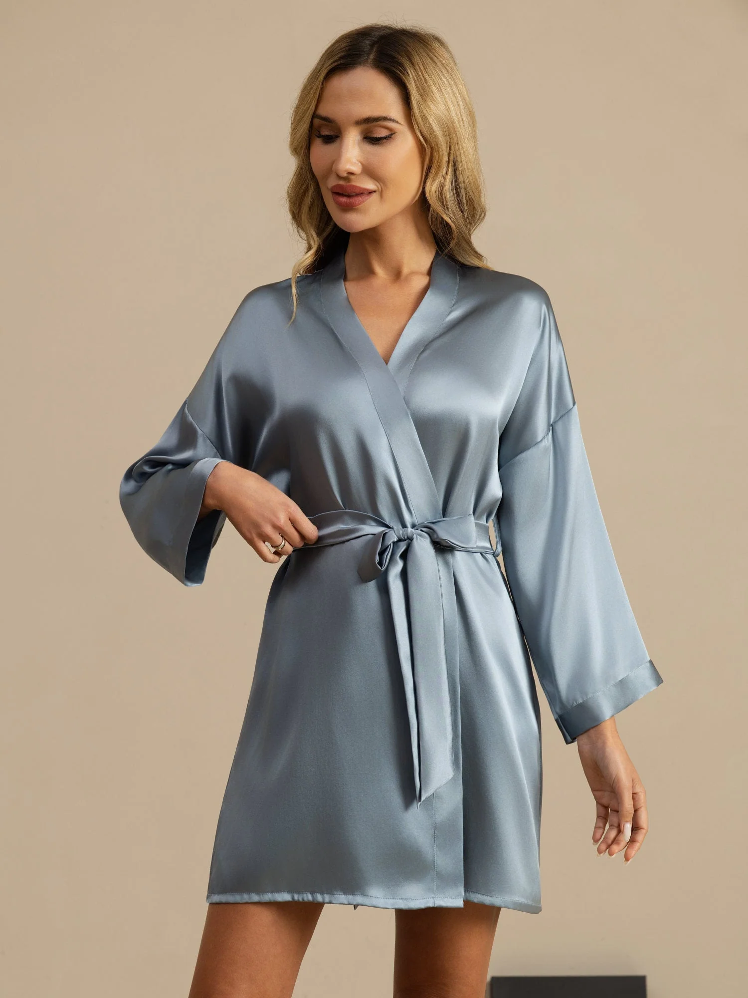 Bata Kimono Corta De Seda Pura Para Mujer Con Diseño Cruzado - Image 51