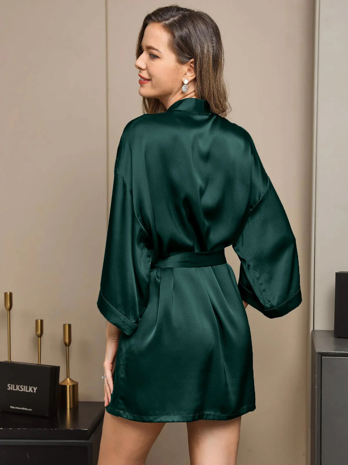 Bata Kimono Corta De Seda Pura Para Mujer Con Diseño Cruzado - Image 7