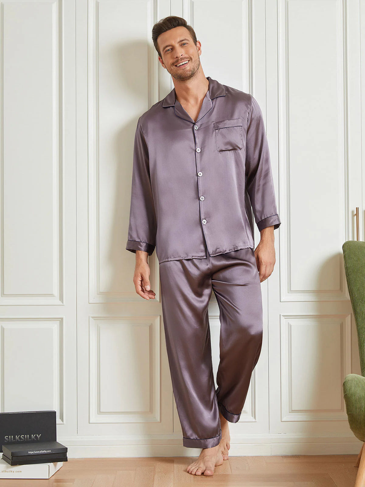 Pijama De Hombre De Pura Seda Con Mangas Largas Cuello Solapa Y Cierre De Botones - Image 17