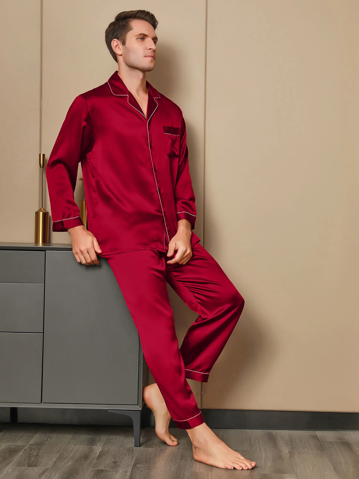 Pijama De Hombre De Pura Seda Con Mangas Largas Cuello Solapa Y Cierre De Botones - Image 19