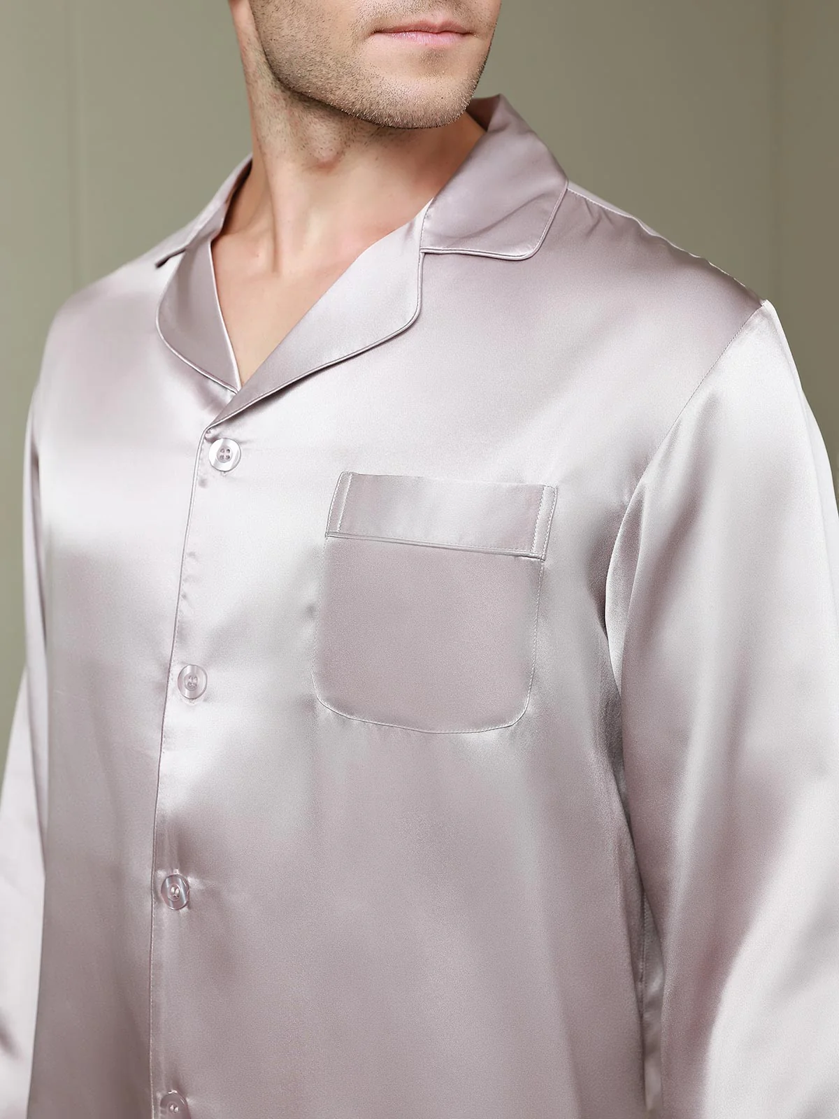 Pijama De Hombre De Pura Seda Con Mangas Largas Cuello Solapa Y Cierre De Botones - Image 33