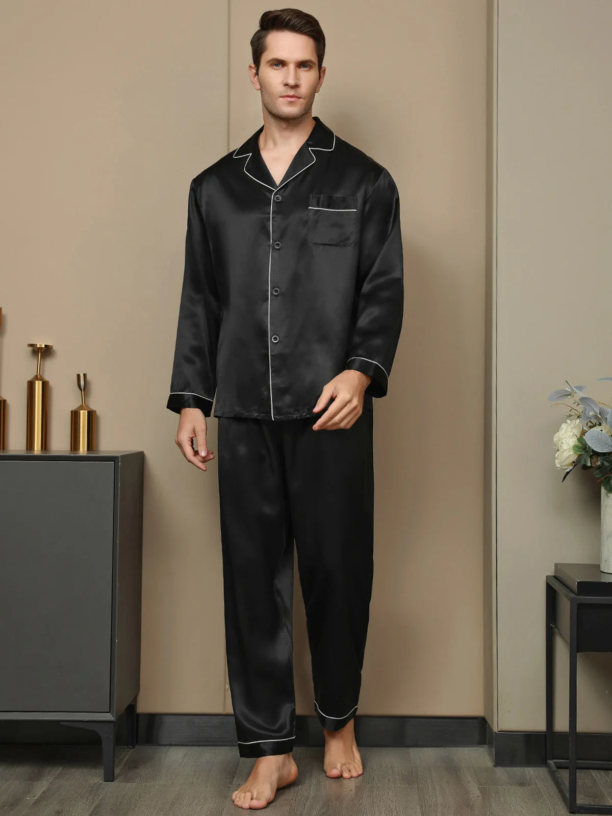Pijama De Hombre De Pura Seda Con Mangas Largas Cuello Solapa Y Cierre De Botones - Image 6