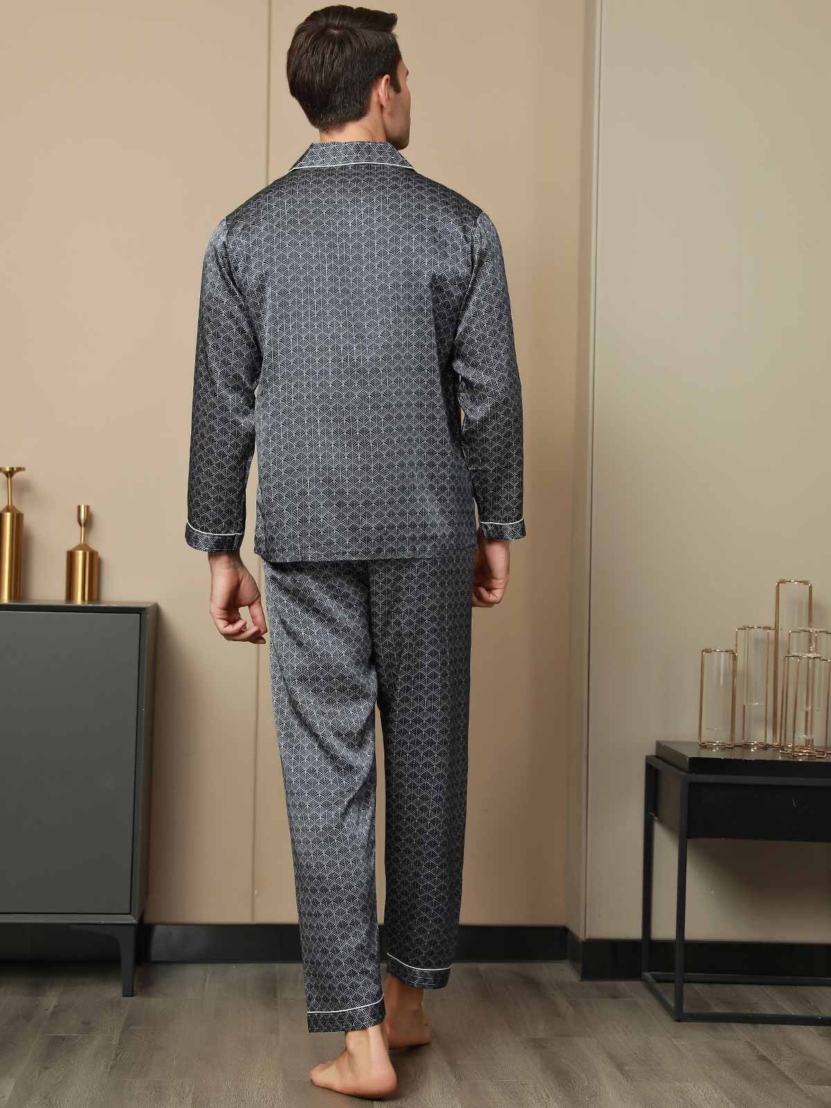 Conjunto De Pijama Para Hombre De Seda Pura Con Estampado De Ginkgo Azul Marino Manga Larga Y Pantalones - Image 10