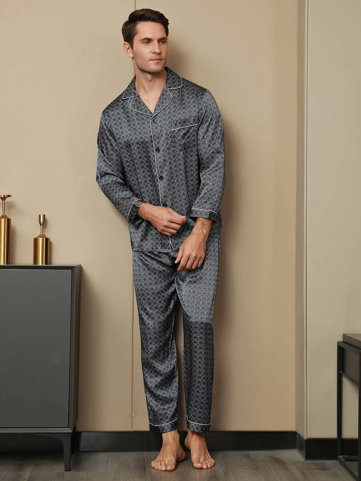Conjunto De Pijama Para Hombre De Seda Pura Con Estampado De Ginkgo Azul Marino Manga Larga Y Pantalones - Image 12
