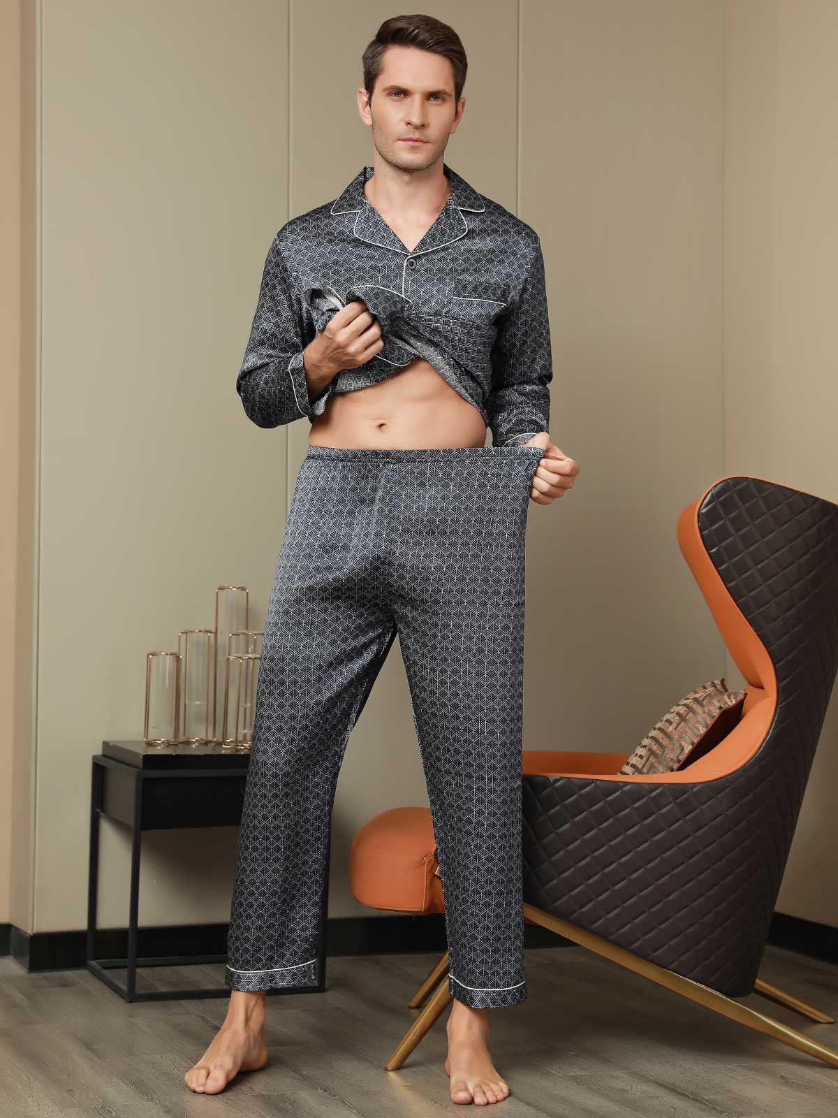 Conjunto De Pijama Para Hombre De Seda Pura Con Estampado De Ginkgo Azul Marino Manga Larga Y Pantalones - Image 16