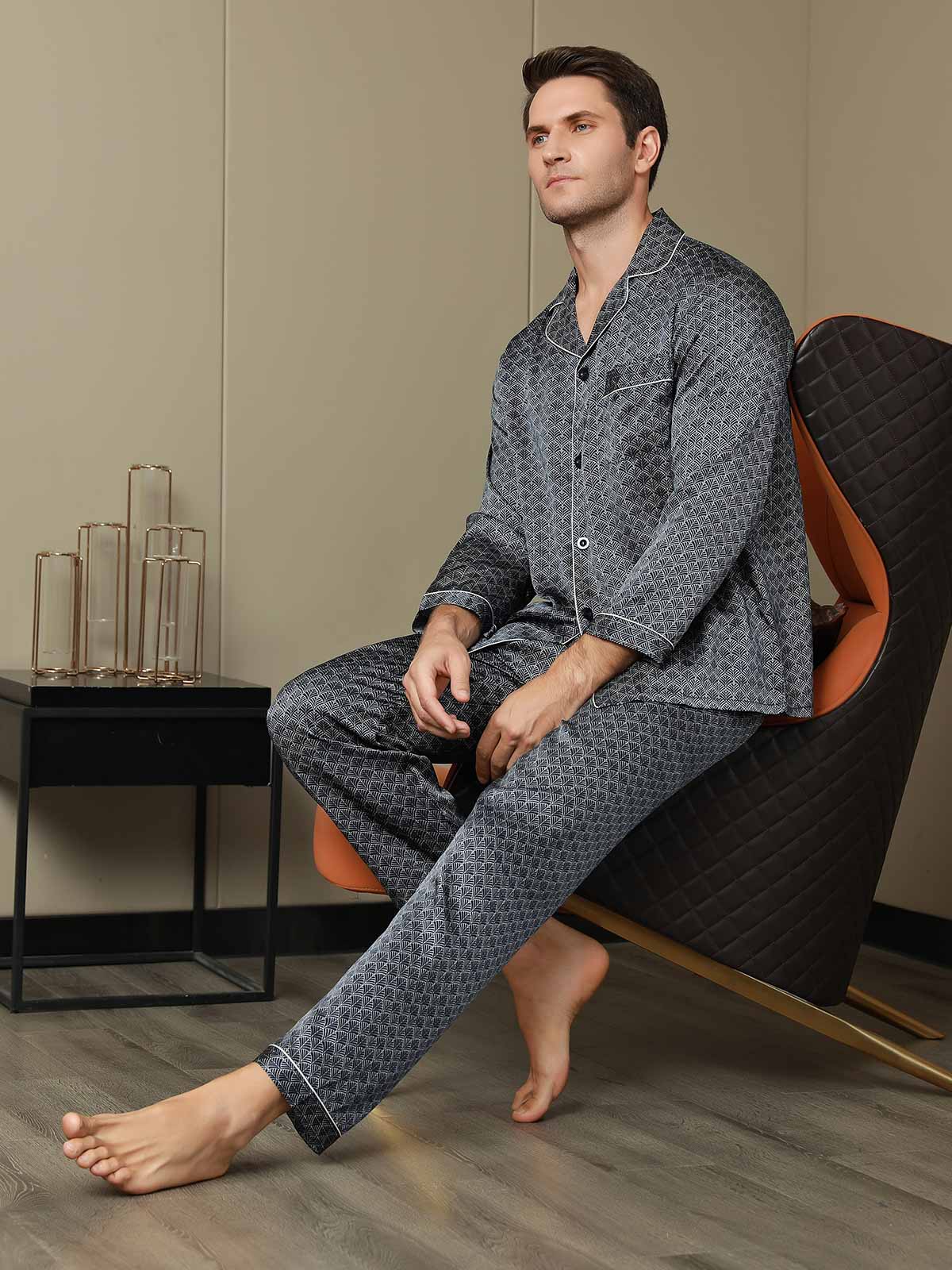 Conjunto De Pijama Para Hombre De Seda Pura Con Estampado De Ginkgo Azul Marino Manga Larga Y Pantalones - Image 3