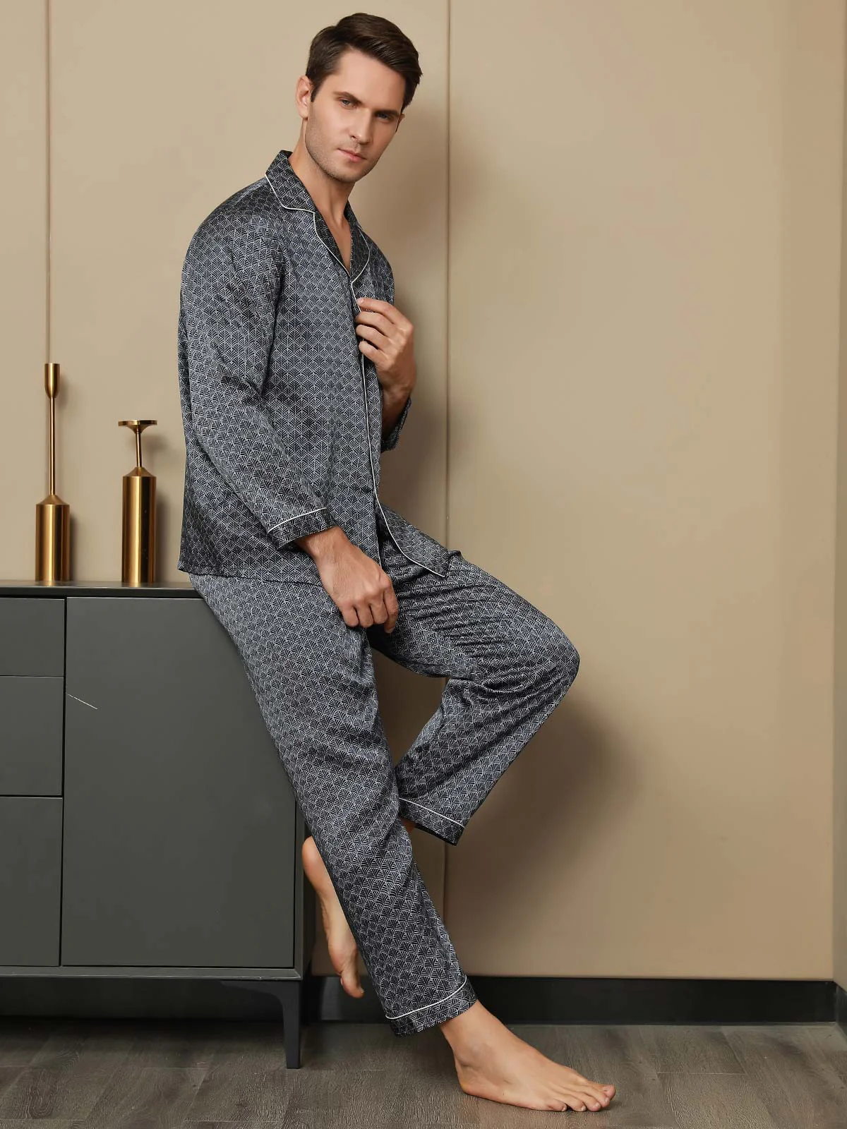 Conjunto De Pijama Para Hombre De Seda Pura Con Estampado De Ginkgo Azul Marino Manga Larga Y Pantalones - Image 5