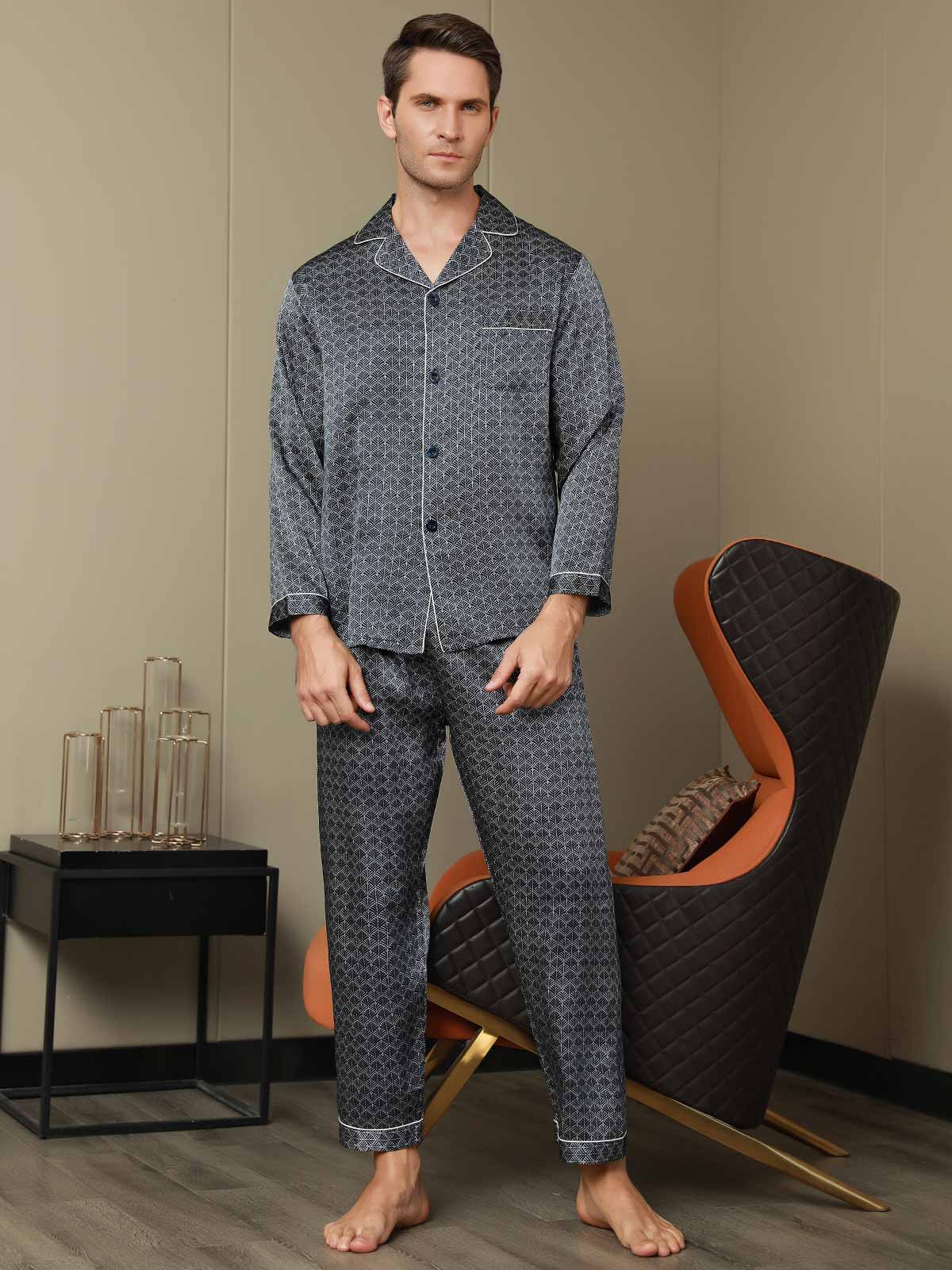 Conjunto De Pijama Para Hombre De Seda Pura Con Estampado De Ginkgo Azul Marino Manga Larga Y Pantalones - Image 7