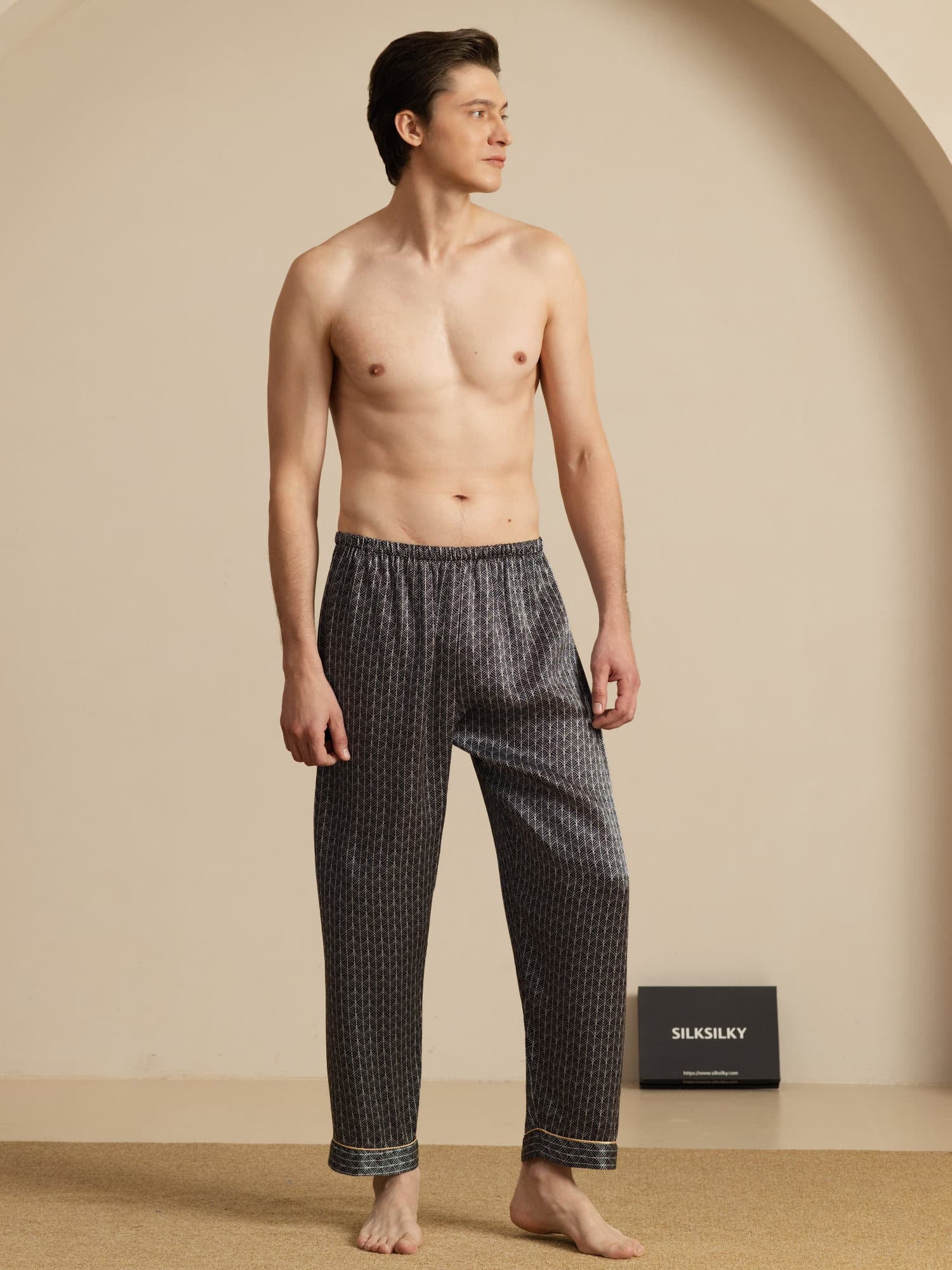 Pantalones De Dormir De Seda Pura Ginkgo Azul Marino Para Hombre Con Cintura Elástica - Image 10