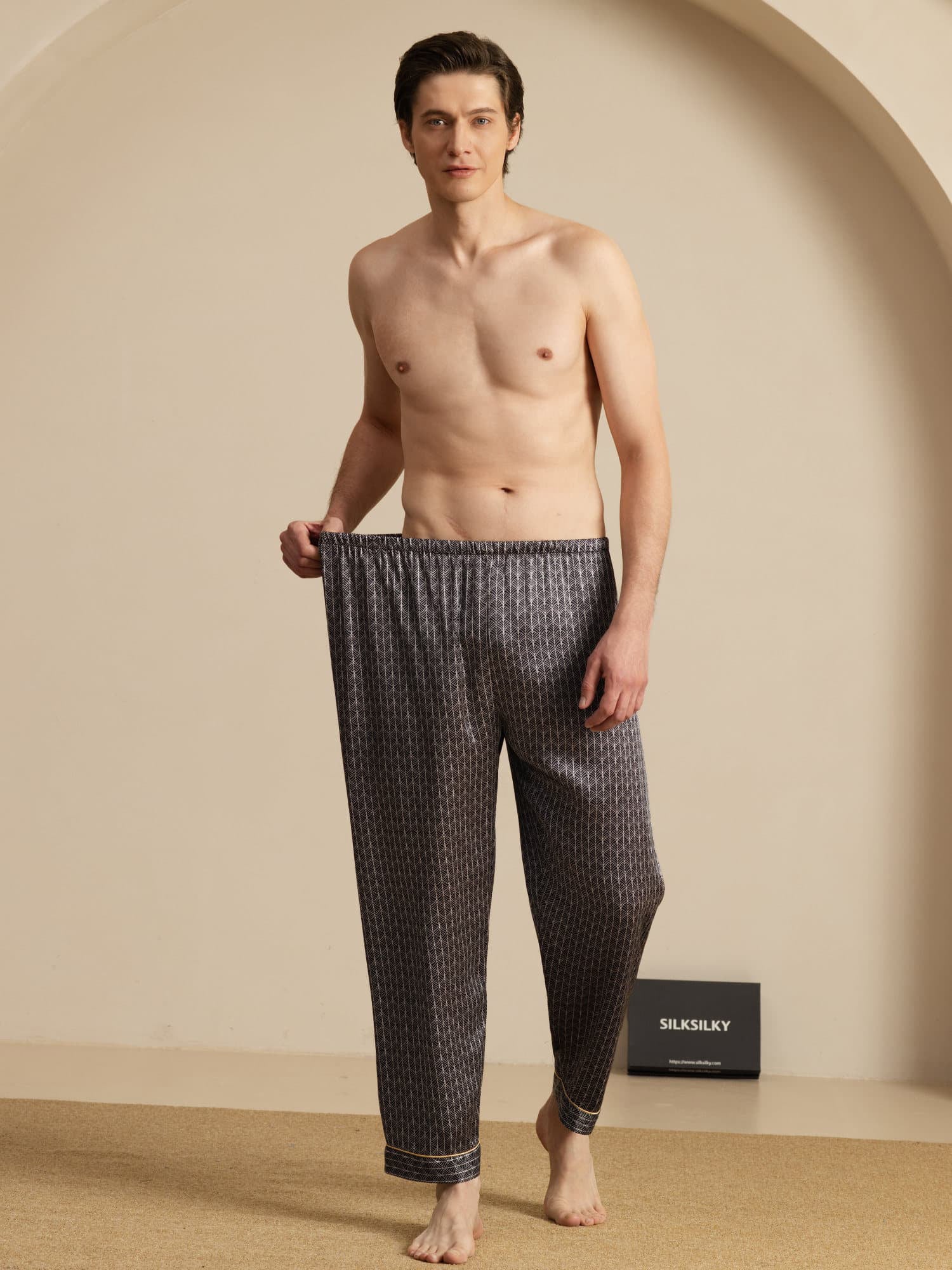Pantalones De Dormir De Seda Pura Ginkgo Azul Marino Para Hombre Con Cintura Elástica - Image 11