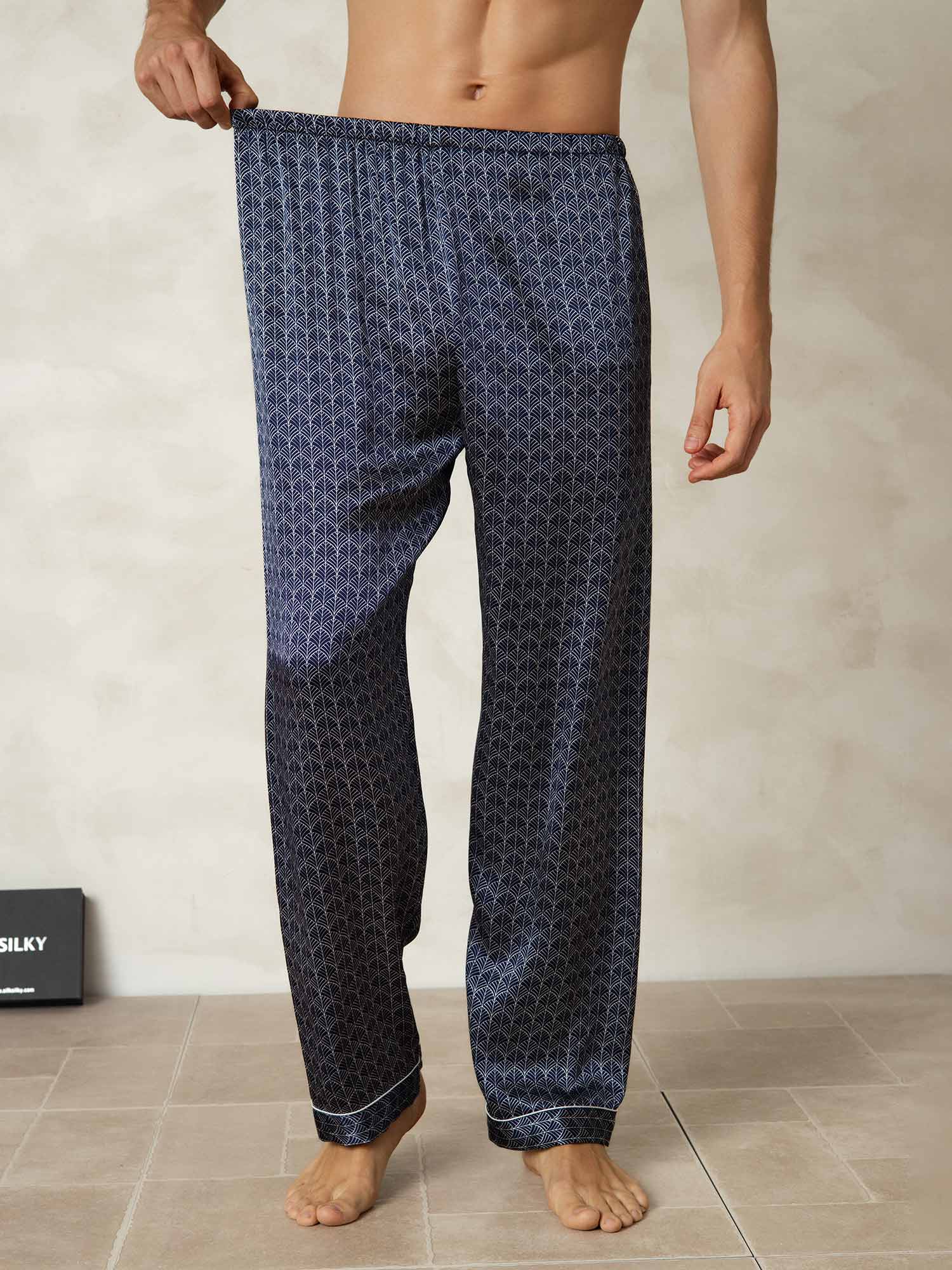 Pantalones De Dormir De Seda Pura Ginkgo Azul Marino Para Hombre Con Cintura Elástica - Image 3