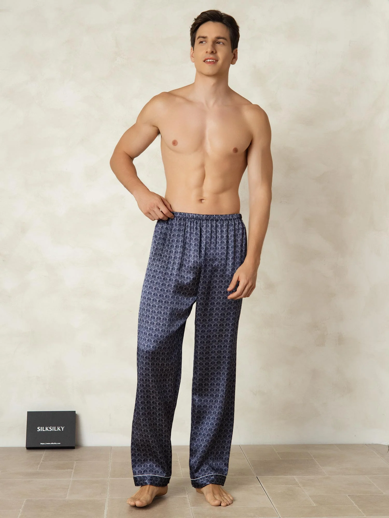 Pantalones De Dormir De Seda Pura Ginkgo Azul Marino Para Hombre Con Cintura Elástica - Image 4