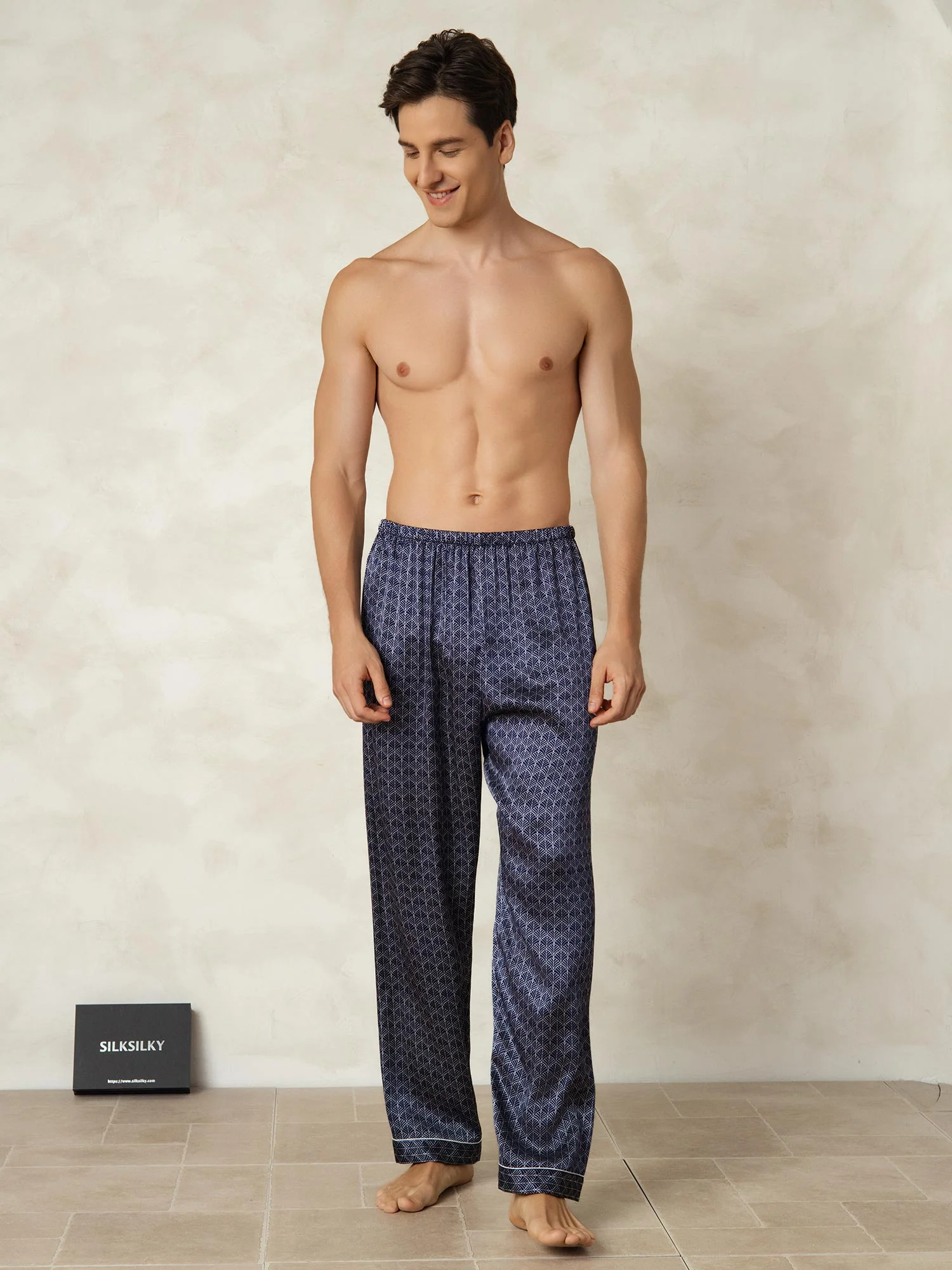 Pantalones De Dormir De Seda Pura Ginkgo Azul Marino Para Hombre Con Cintura Elástica - Image 5