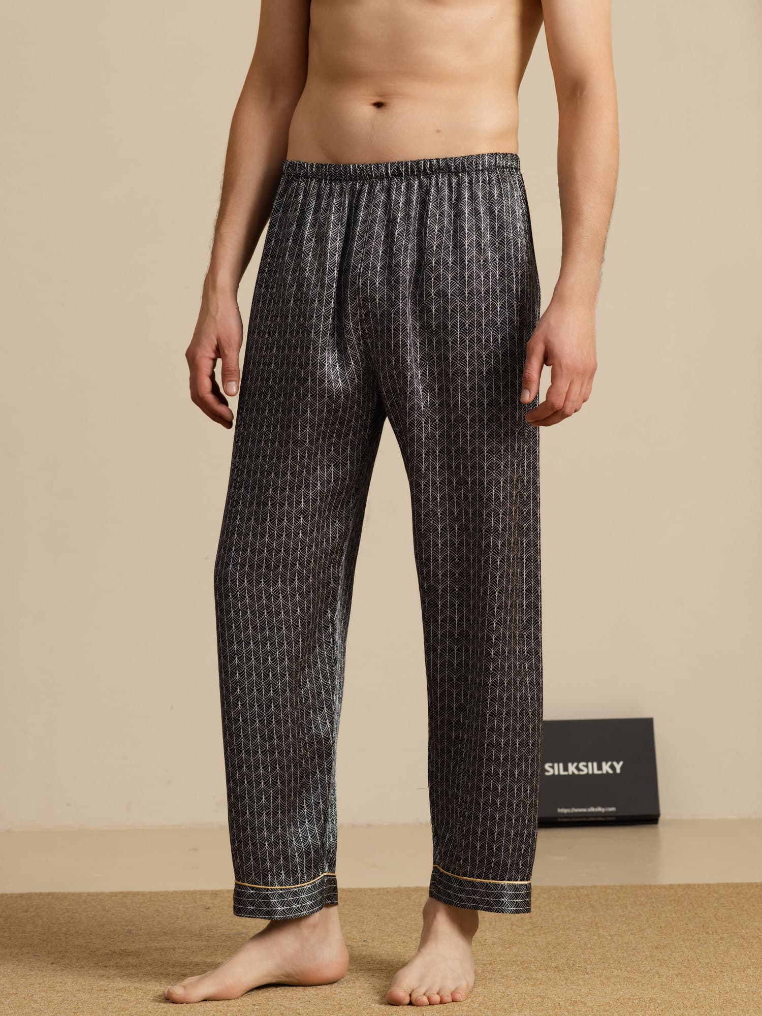 Pantalones De Dormir De Seda Pura Ginkgo Azul Marino Para Hombre Con Cintura Elástica - Image 6