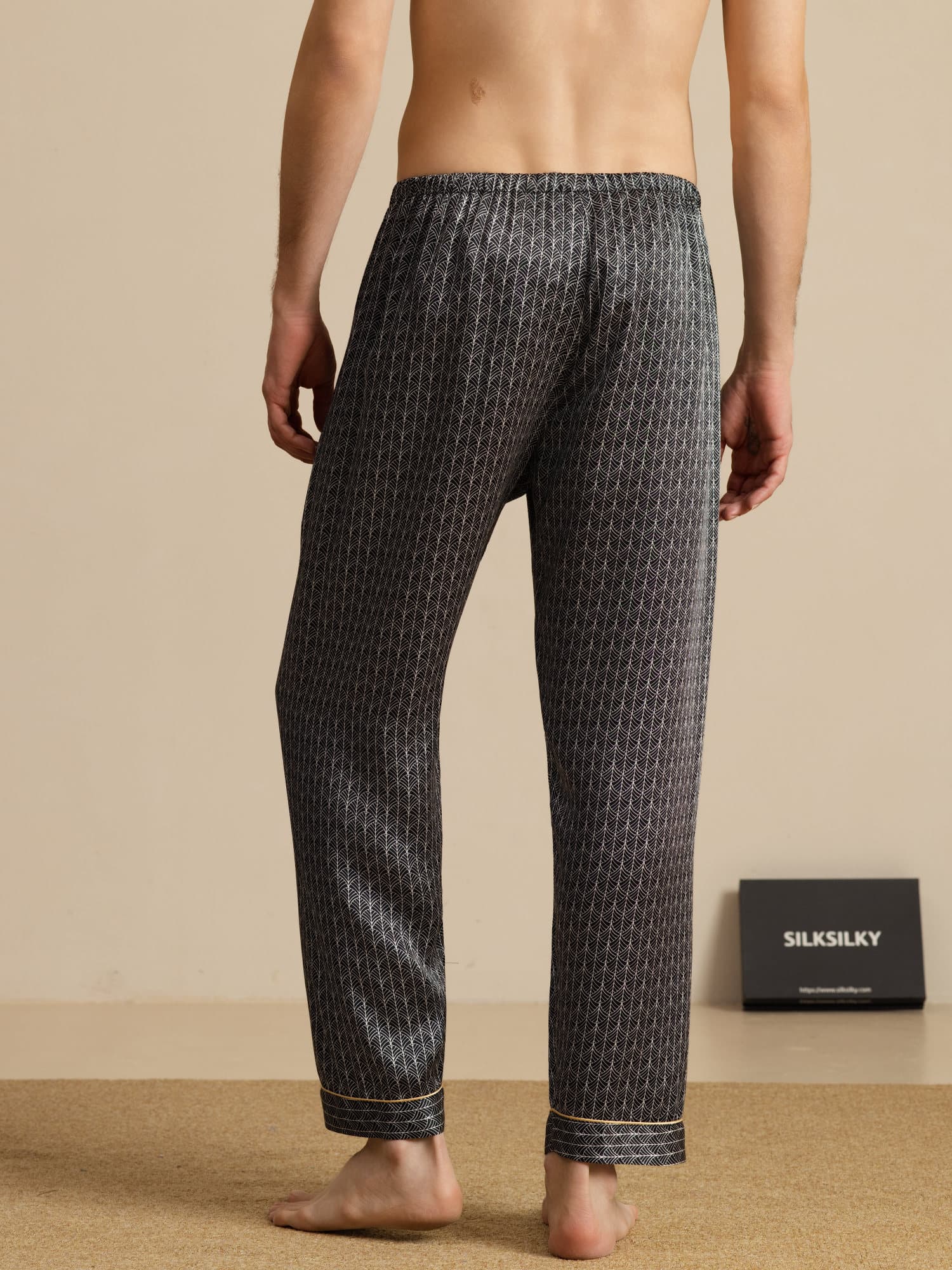 Pantalones De Dormir De Seda Pura Ginkgo Azul Marino Para Hombre Con Cintura Elástica - Image 7